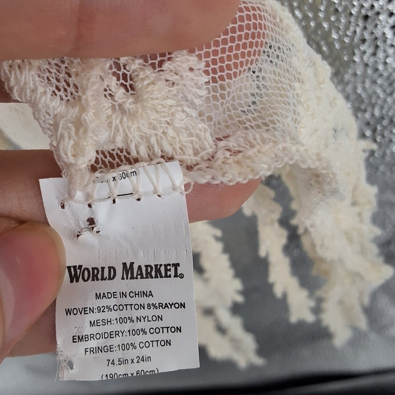 World Market Cream Triangle Scarf Floral Embroidery Mesh Fringe Boho Ivory 74x24