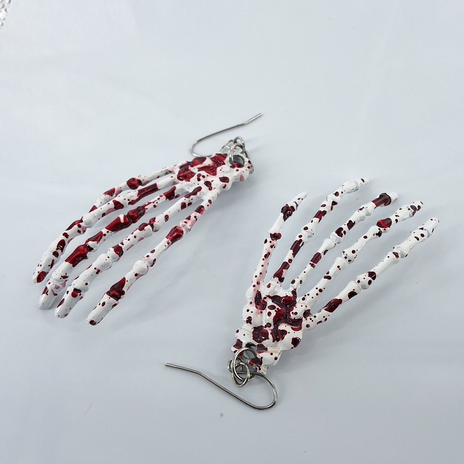 Bloody Skeleton Hand Drop Earrings Halloween Horror Goth Spooky White Red - View 4