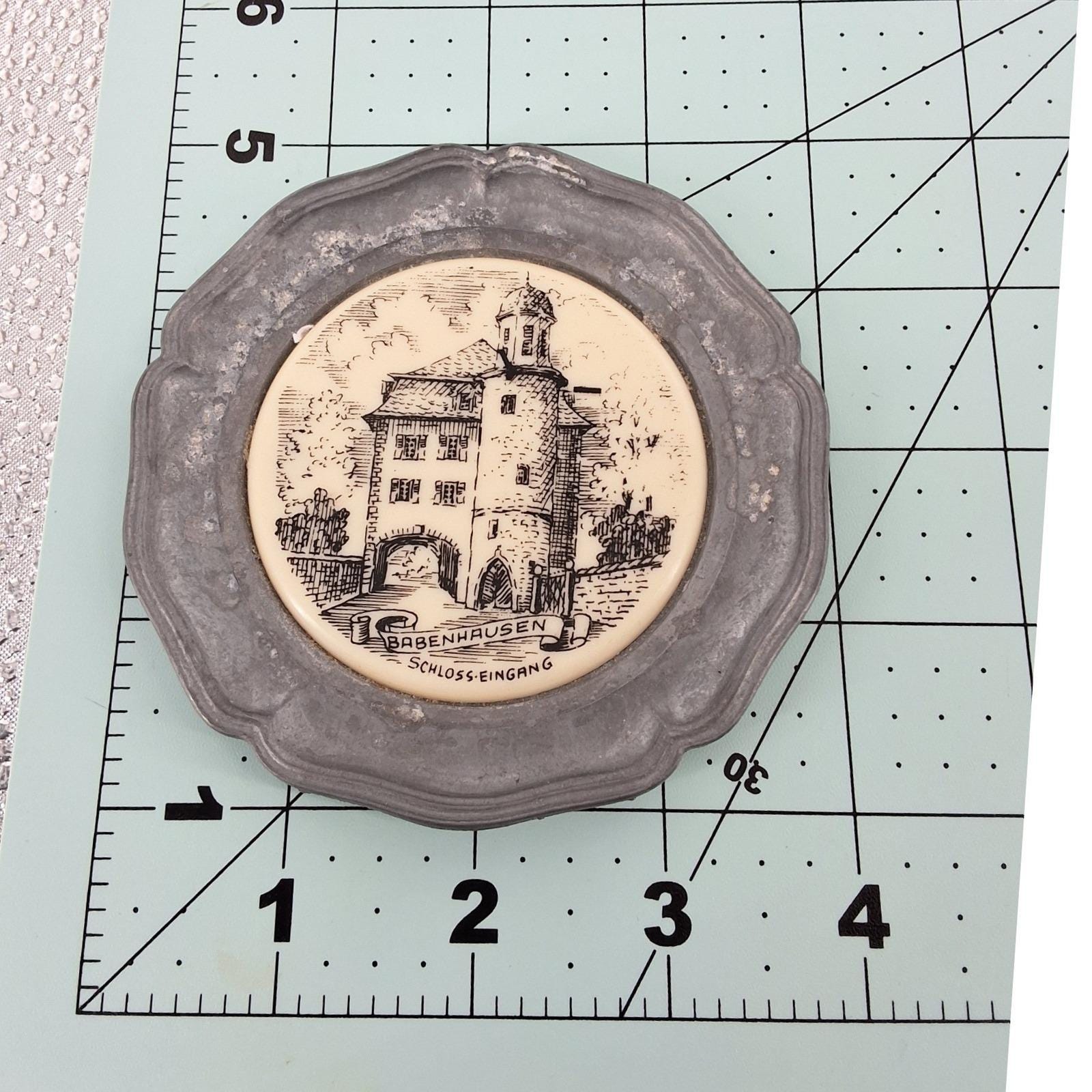 Vintage Babenhausen Schloss-Eingang German Pewter Ceramic Wall Plaque Souvenir