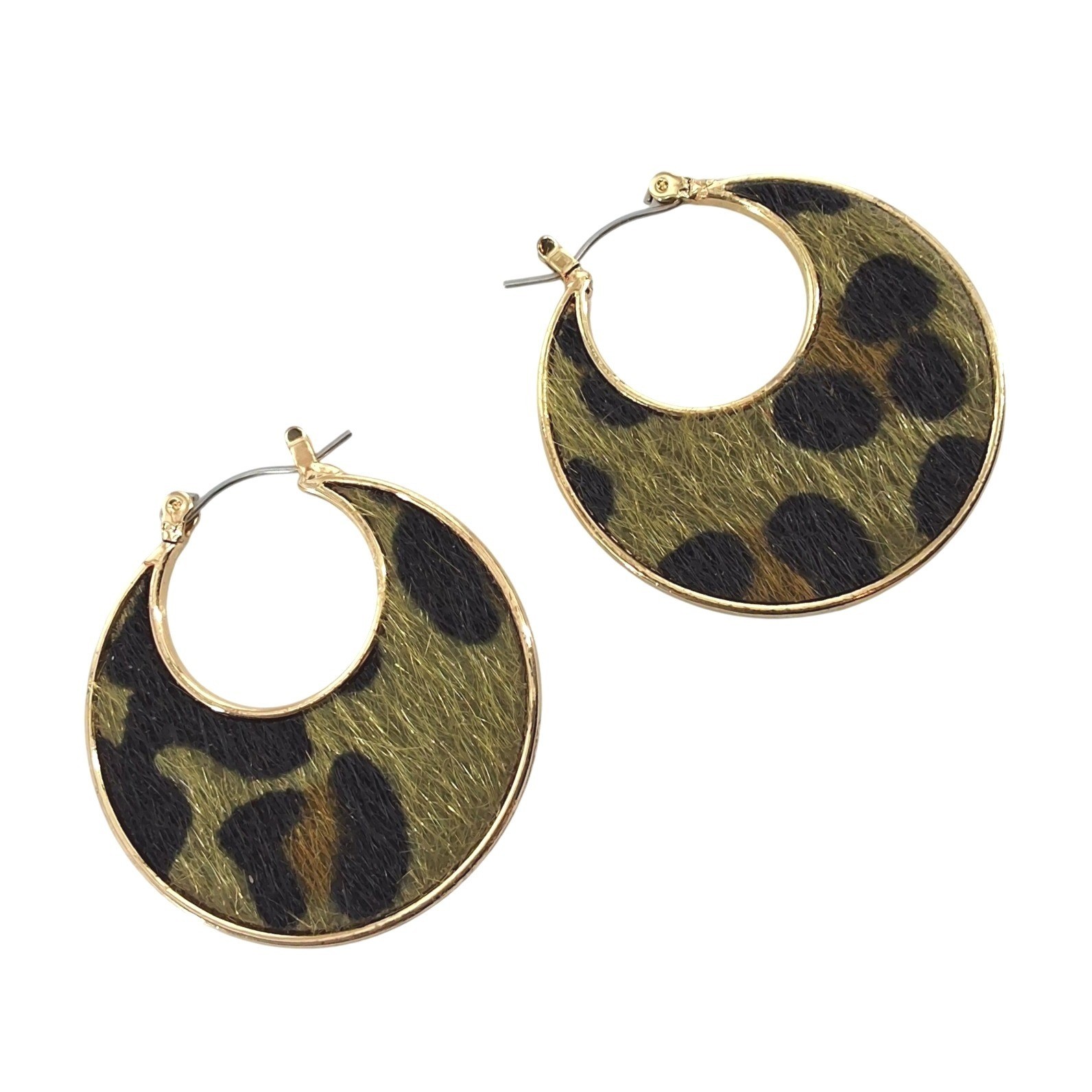 Gold Tone Leopard Print Faux Calf Hair Crescent Hoop Earrings 1.5 Inch