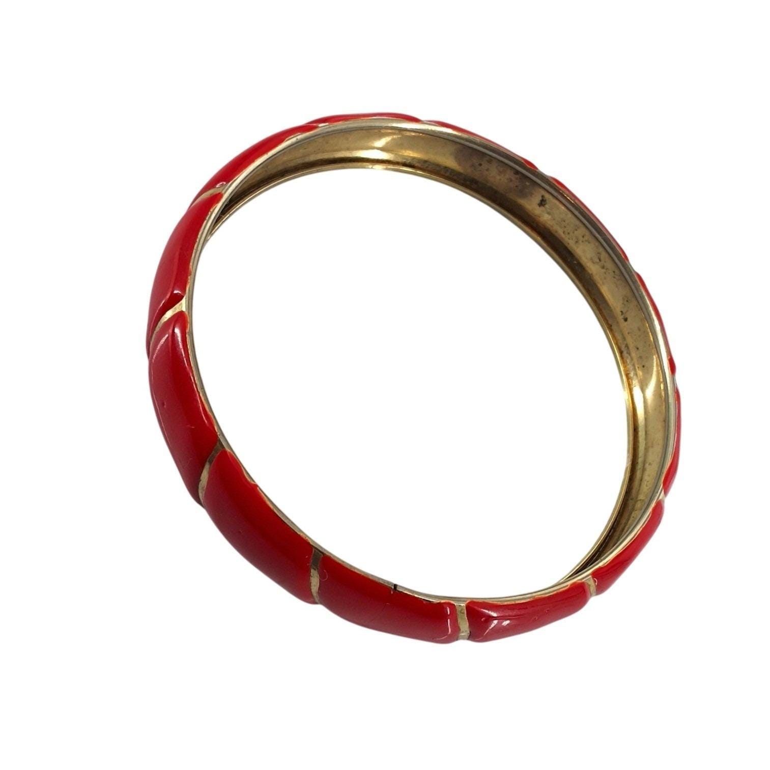 Vintage Red Enamel Bangle Bracelet Gold Tone Diagonal Stripe Retro Jewelry