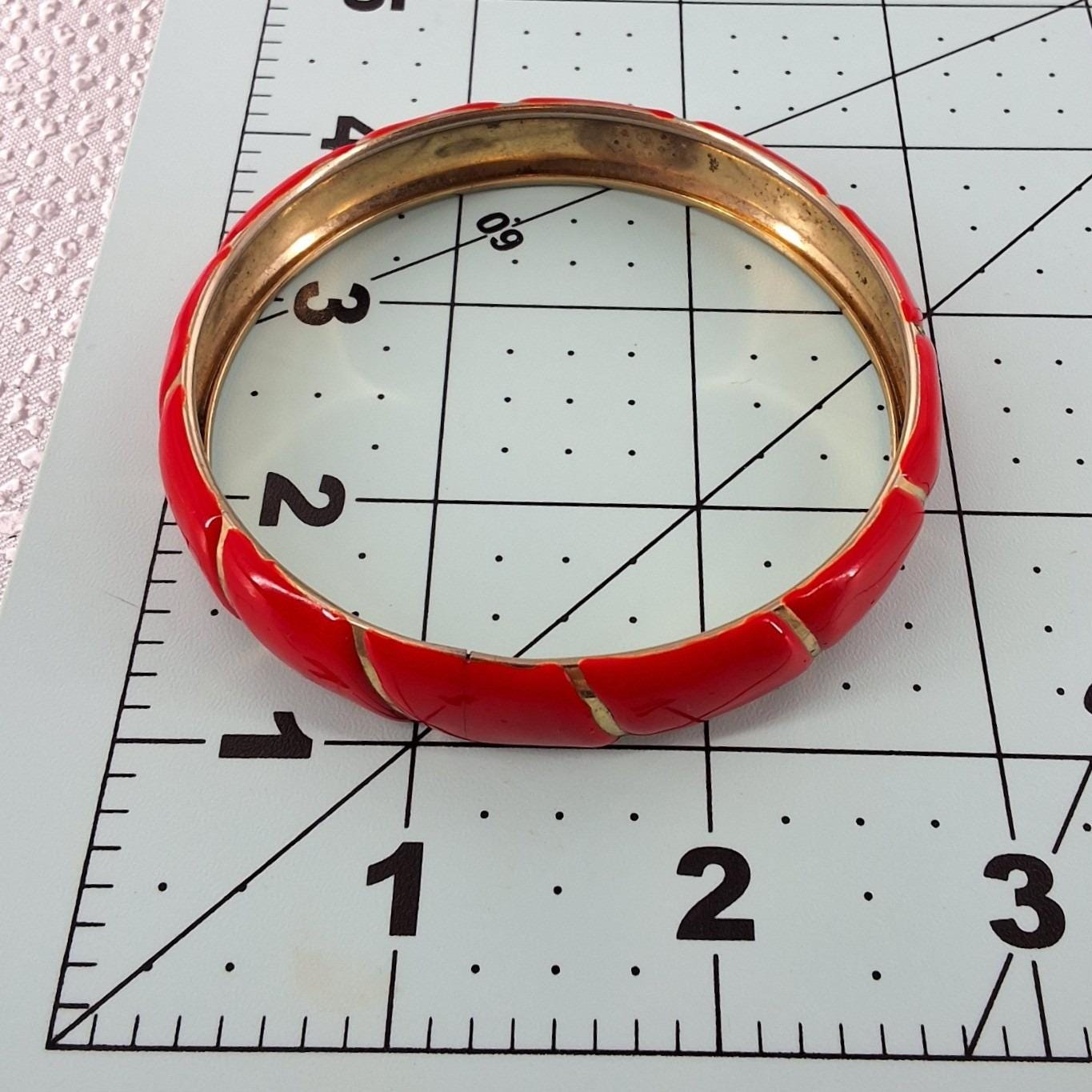 Vintage Red Enamel Bangle Bracelet Gold Tone Diagonal Stripe Retro Jewelry