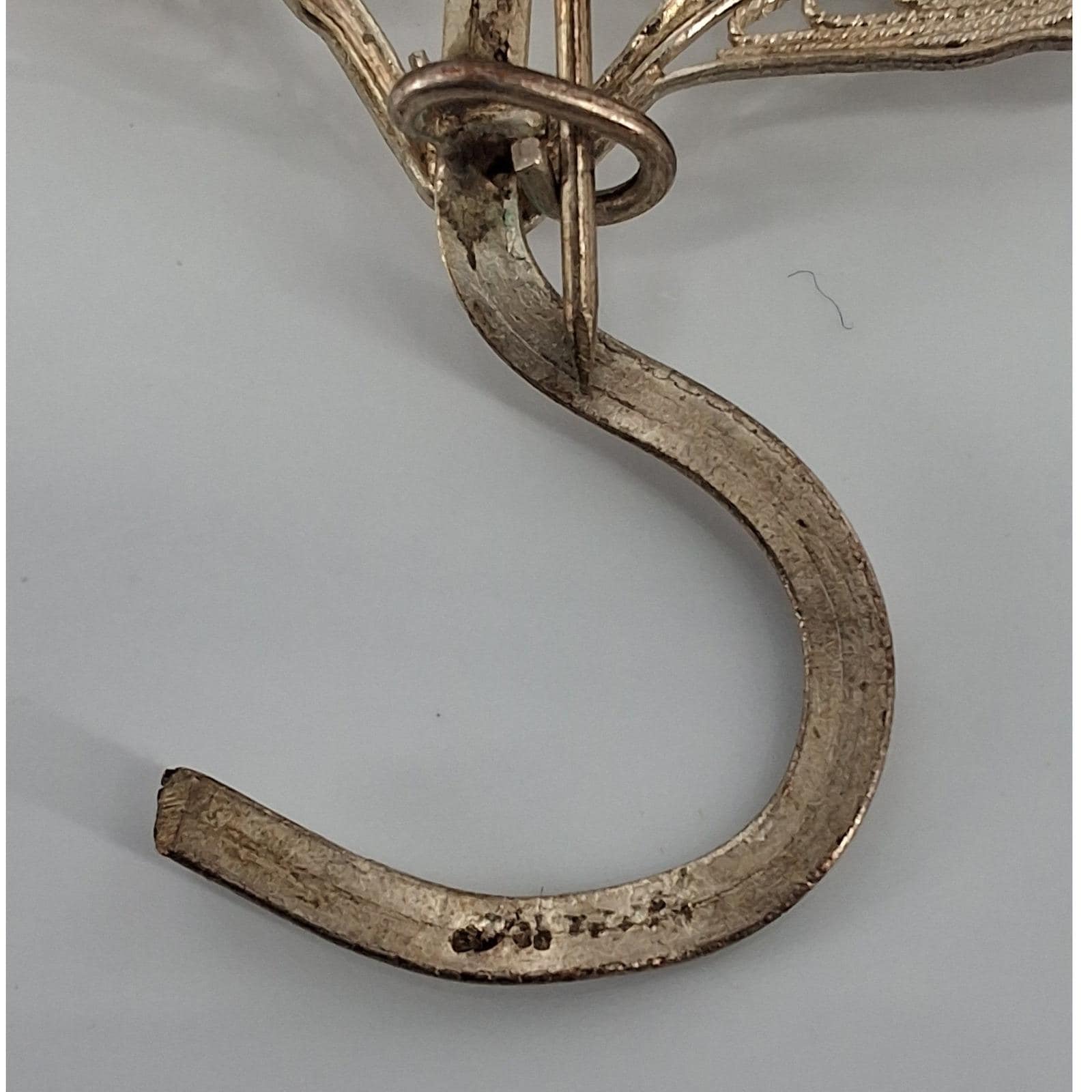 Vintage Silver Tone Filigree Flower Brooch Curved Stem Floral Pin Hook 2.5" - View 4