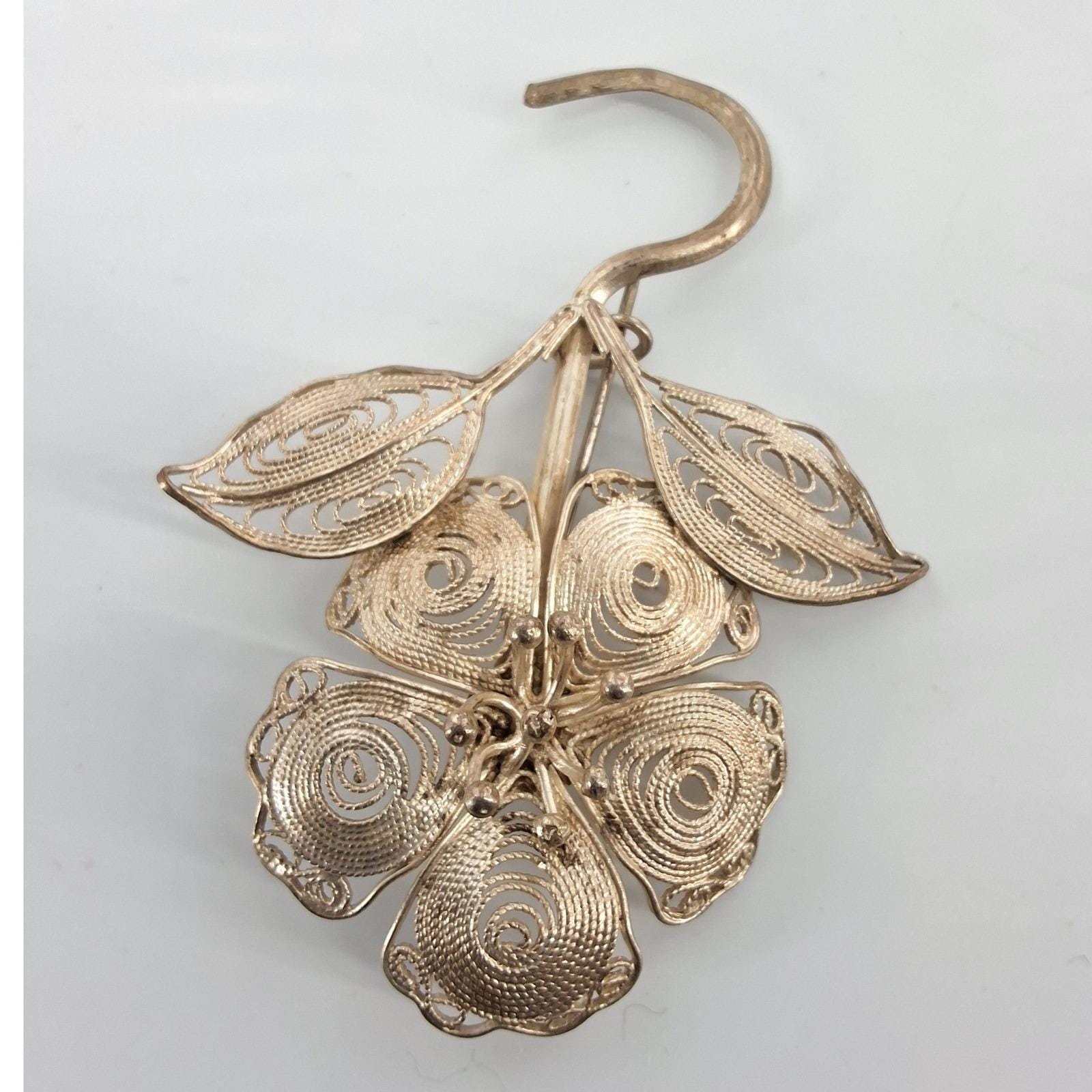Vintage Silver Tone Filigree Flower Brooch Curved Stem Floral Pin Hook 2.5" - View 5