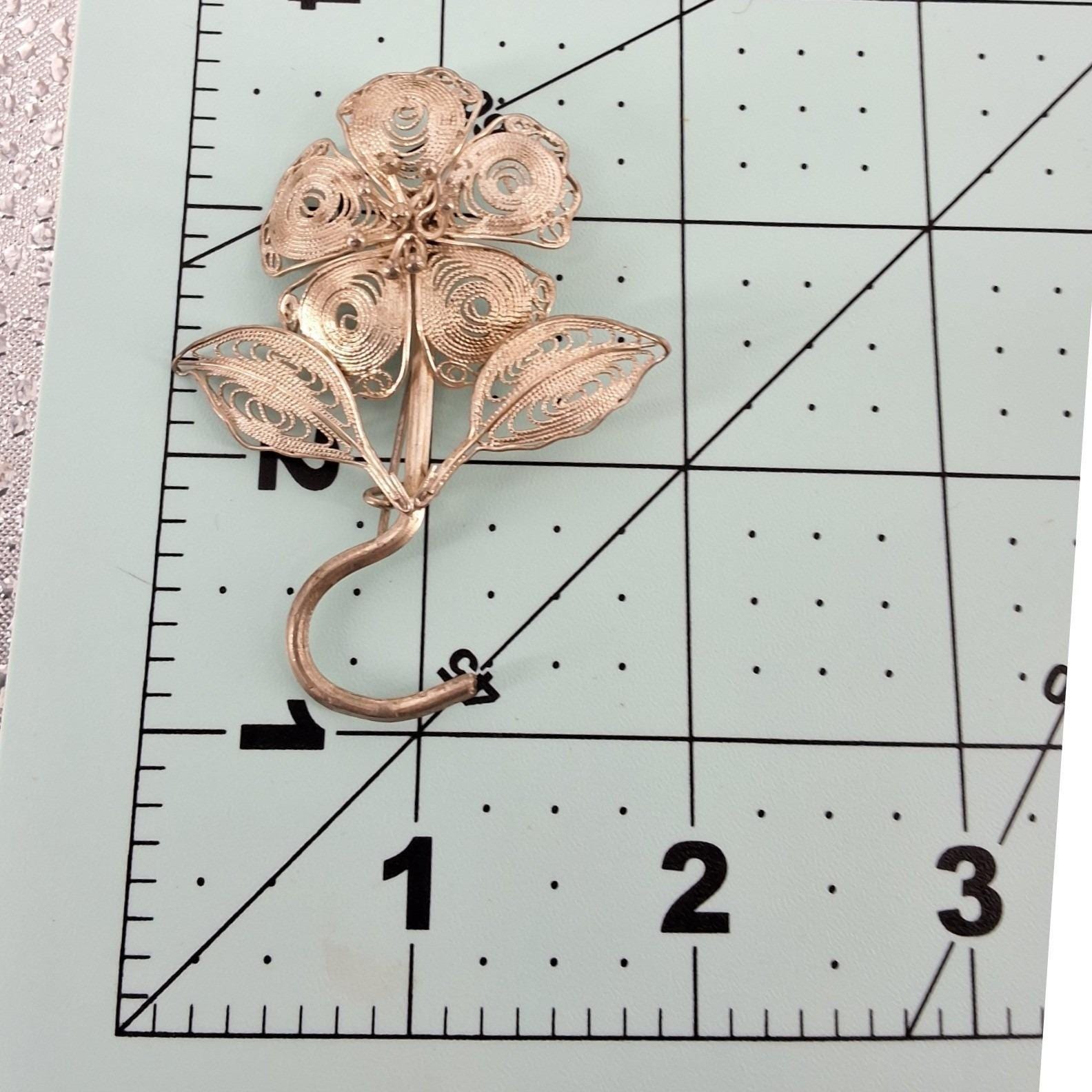 Vintage Silver Tone Filigree Flower Brooch Curved Stem Floral Pin Hook 2.5" - View 6