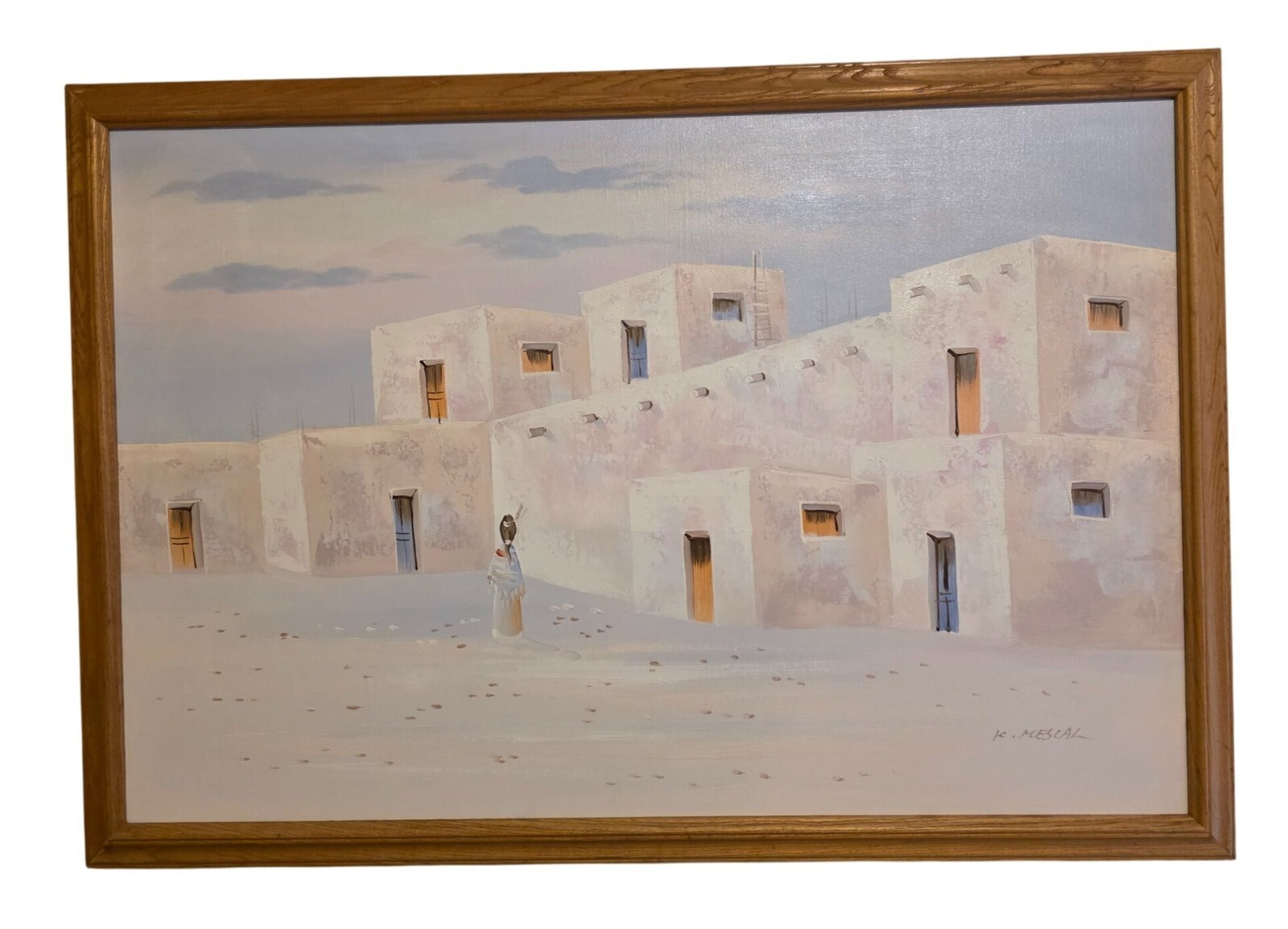K. Mescal Vintage Southwestern Pueblo Oil Painting Framed Art 39x27