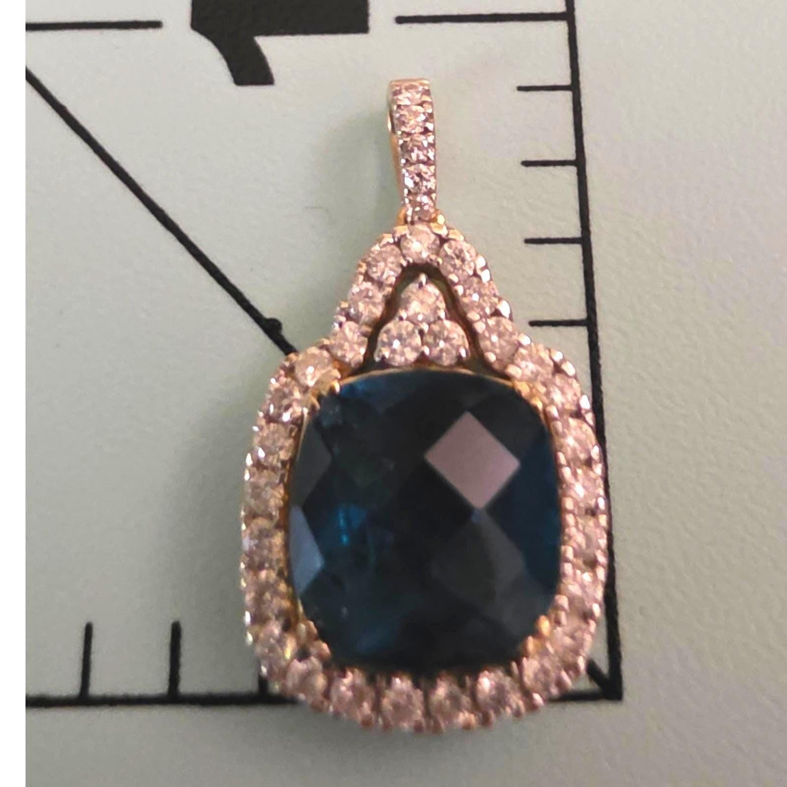 BW 14K Gold London Blue Topaz Diamond Halo Pendant 18 Inch Necklace