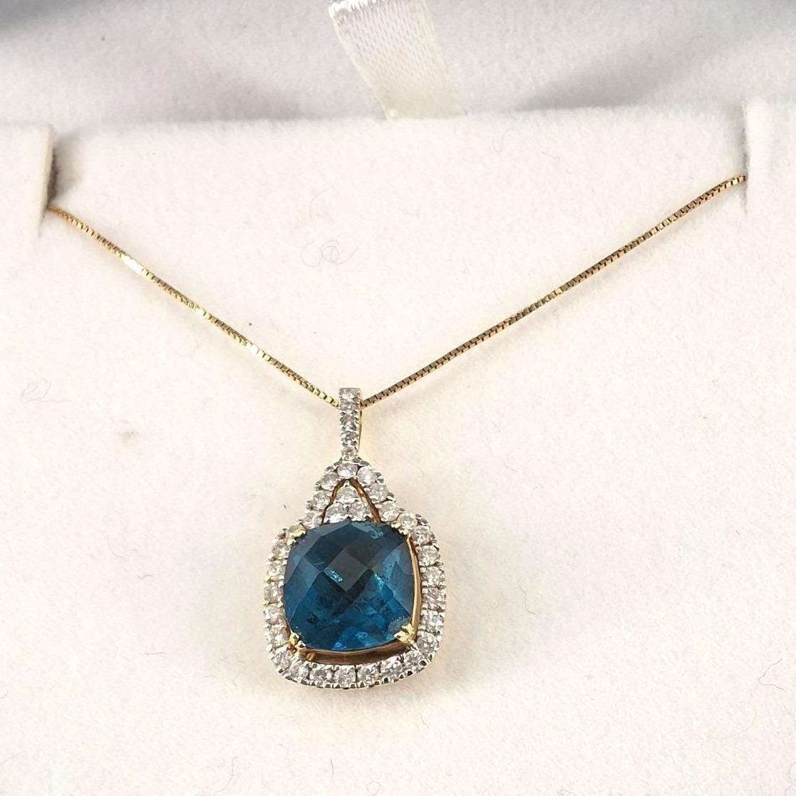BW 14K Gold London Blue Topaz Diamond Halo Pendant 18 Inch Necklace - View 9