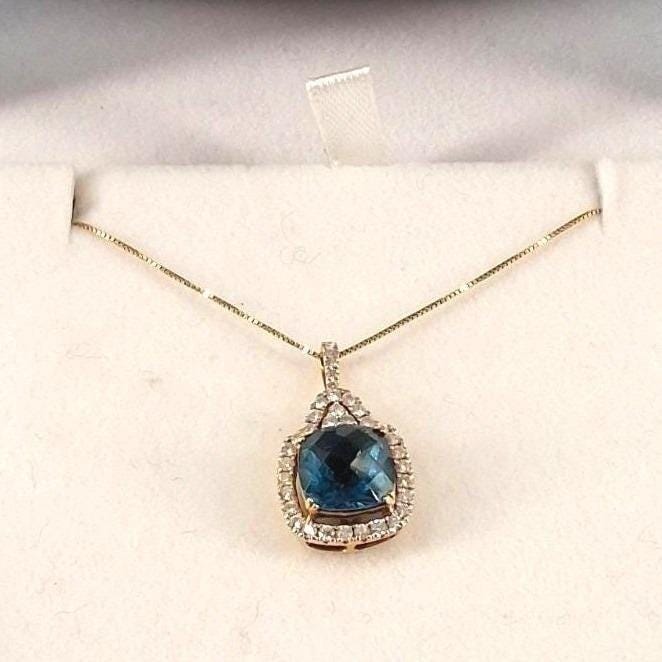 BW 14K Gold London Blue Topaz Diamond Halo Pendant 18 Inch Necklace - View 11