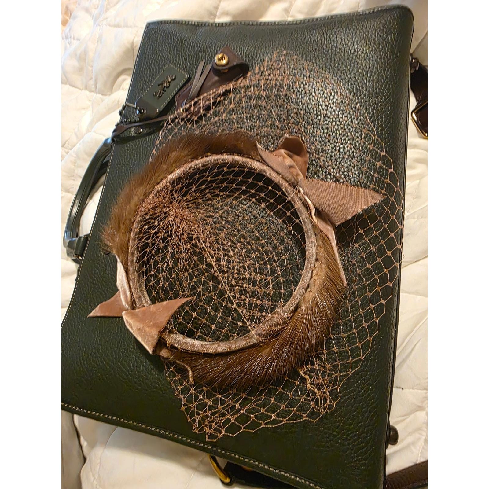 Vintage 1950s Mink Fur Halo Hat Birdcage Veil Velvet Bow Brown One Size - View 3