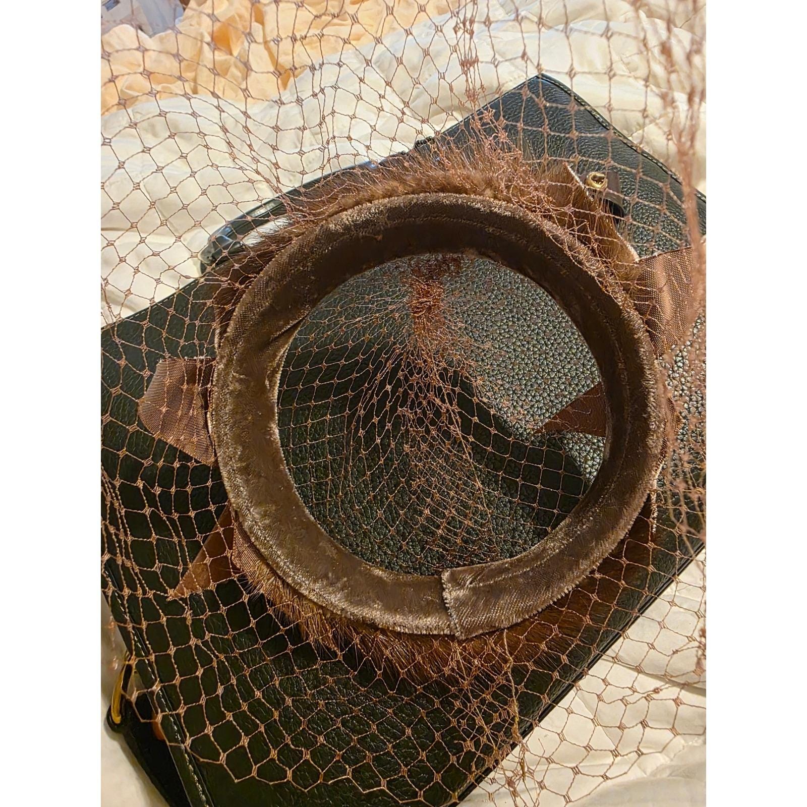 Vintage 1950s Mink Fur Halo Hat Birdcage Veil Velvet Bow Brown One Size - View 4