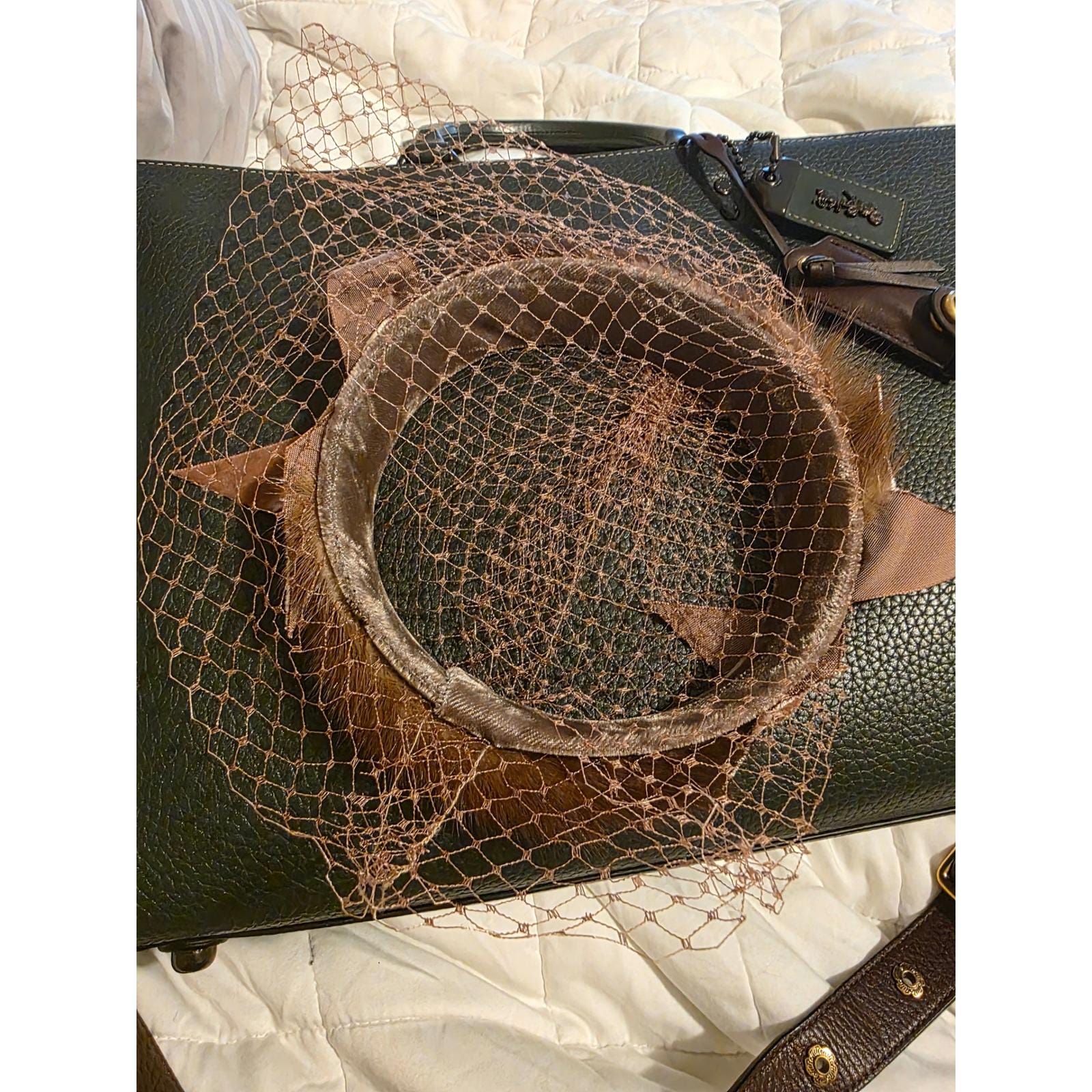 Vintage 1950s Mink Fur Halo Hat Birdcage Veil Velvet Bow Brown One Size - View 5