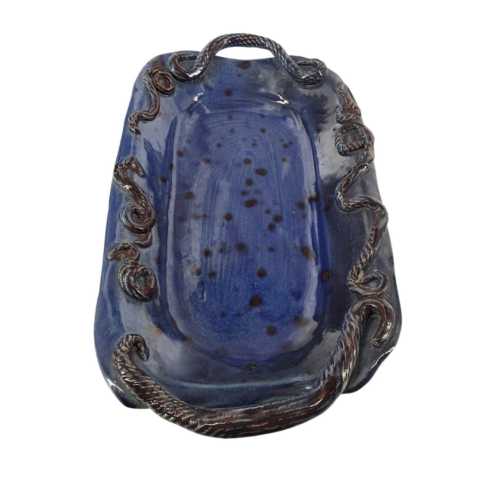 Artisan Blue Glazed Stoneware Serving Tray Hand-Sculpted Rope Handles 10.5" - View 3