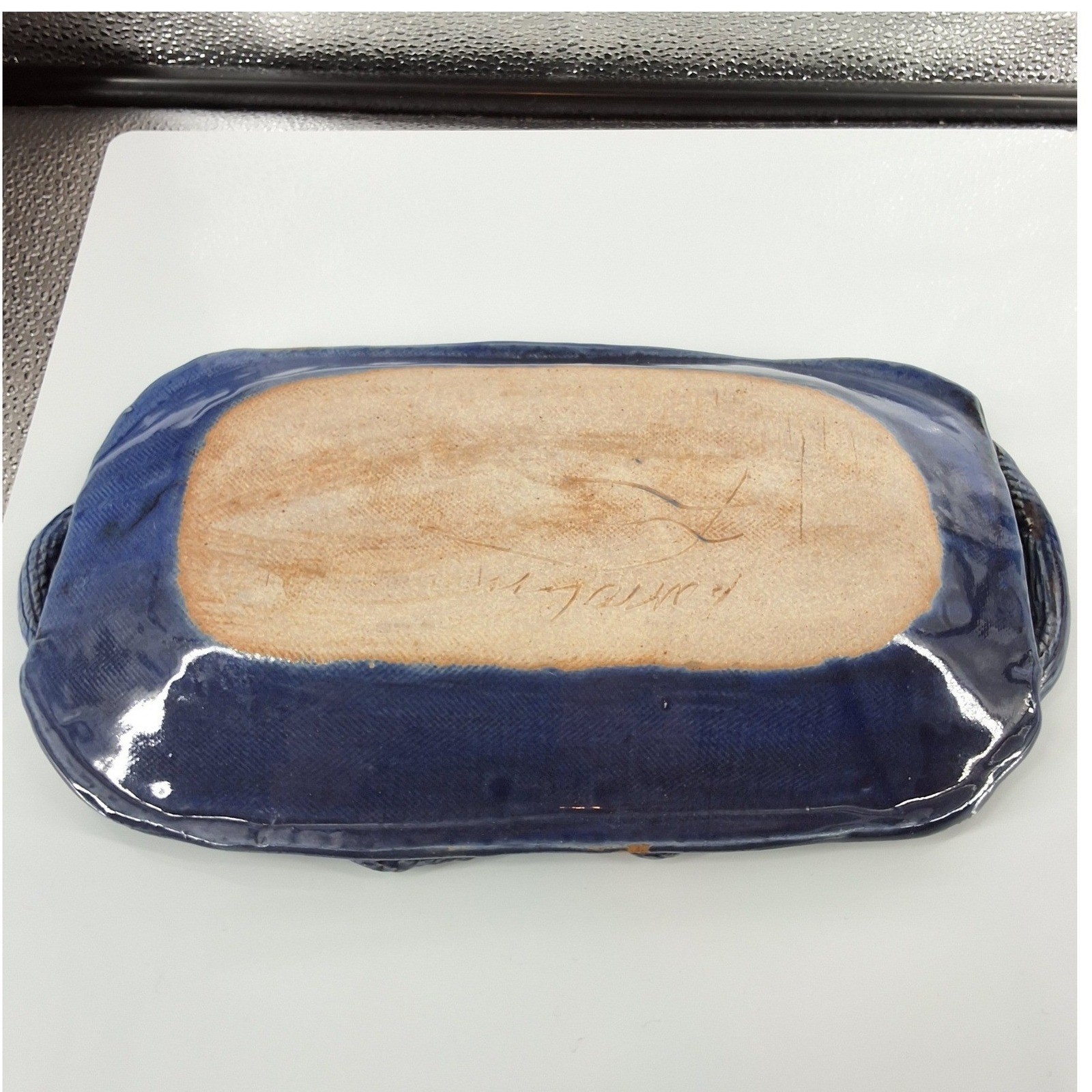Artisan Blue Glazed Stoneware Serving Tray Hand-Sculpted Rope Handles 10.5" - View 6