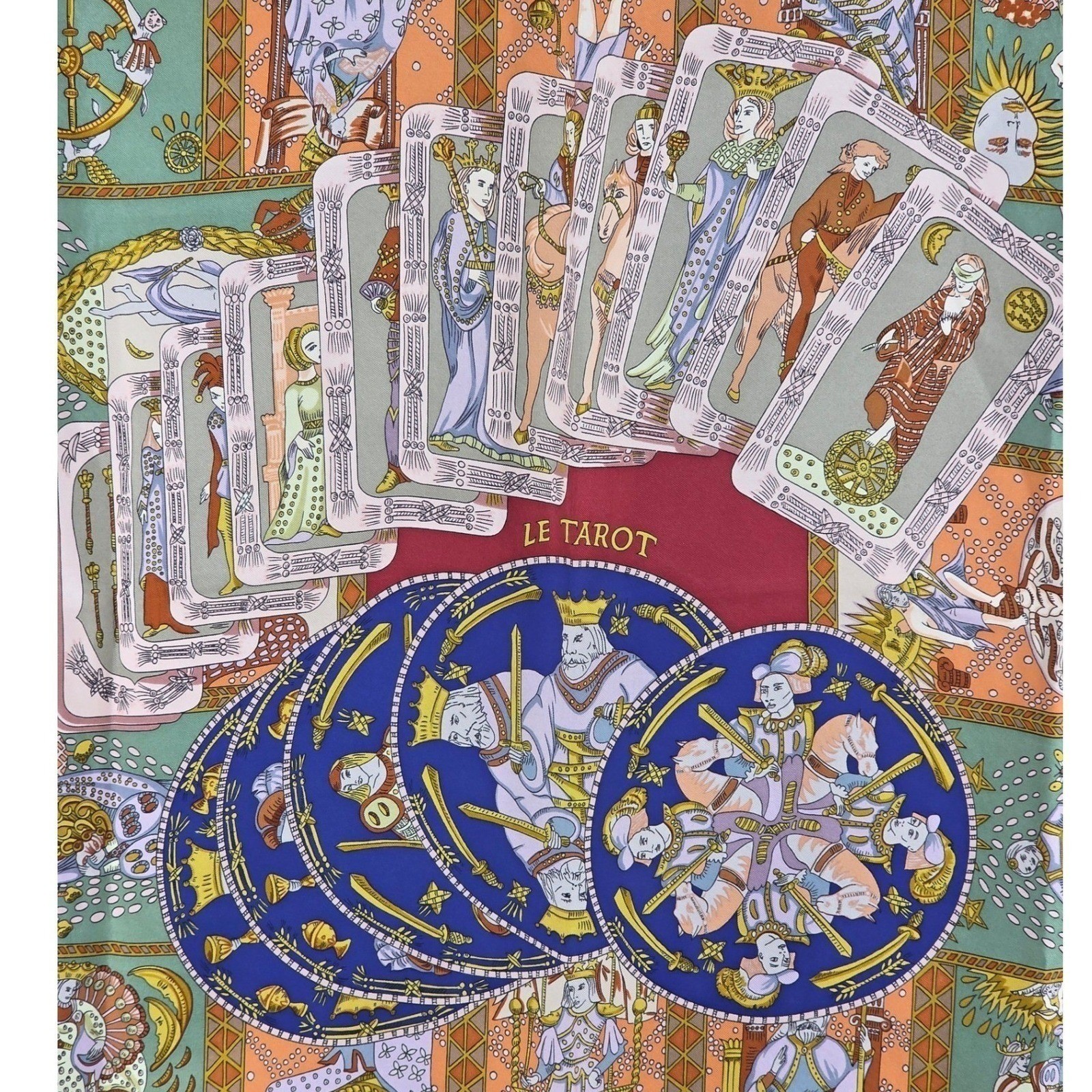 Hermes Le Tarot 90cm Silk Scarf Annie Faivre Brown Gold Vintage Carre w/ Box - View 6