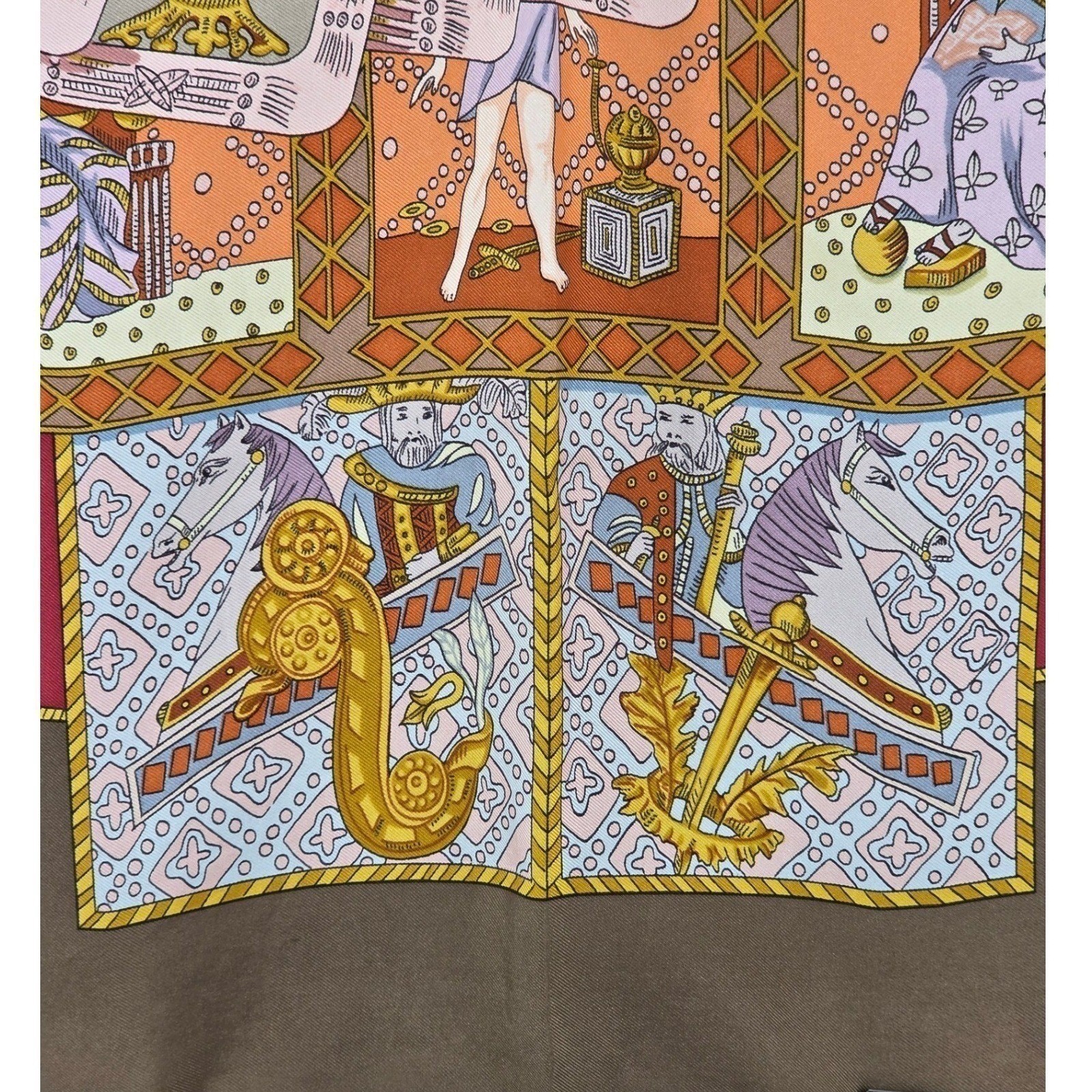 Hermes Le Tarot 90cm Silk Scarf Annie Faivre Brown Gold Vintage Carre w/ Box - View 20