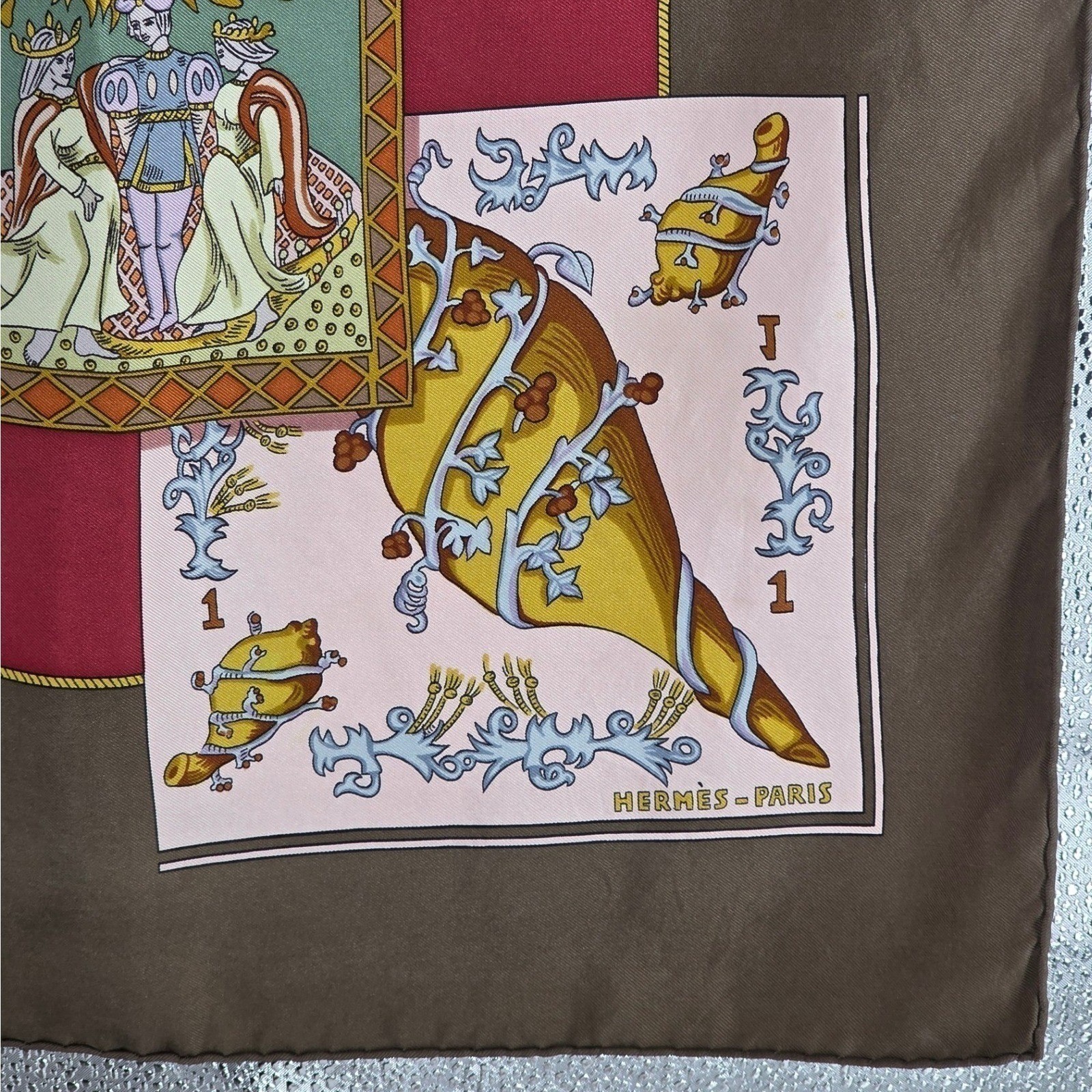Hermes Le Tarot 90cm Silk Scarf Annie Faivre Brown Gold Vintage Carre w/ Box - View 21