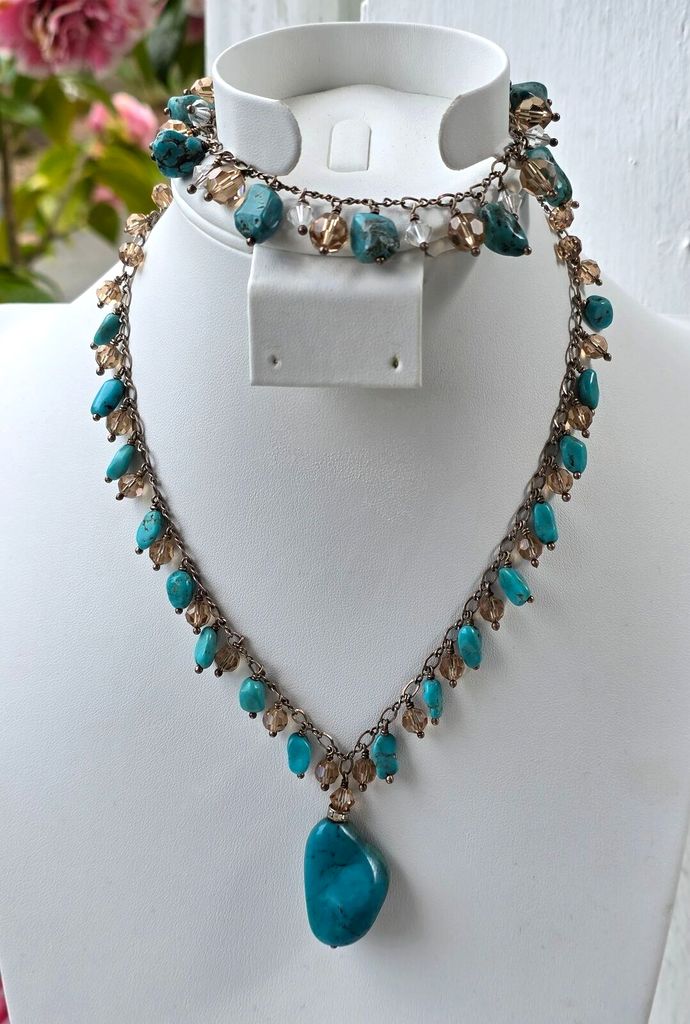 925 Sterling Silver Turquoise & Swarovski Crystal Necklace Bracelet Set