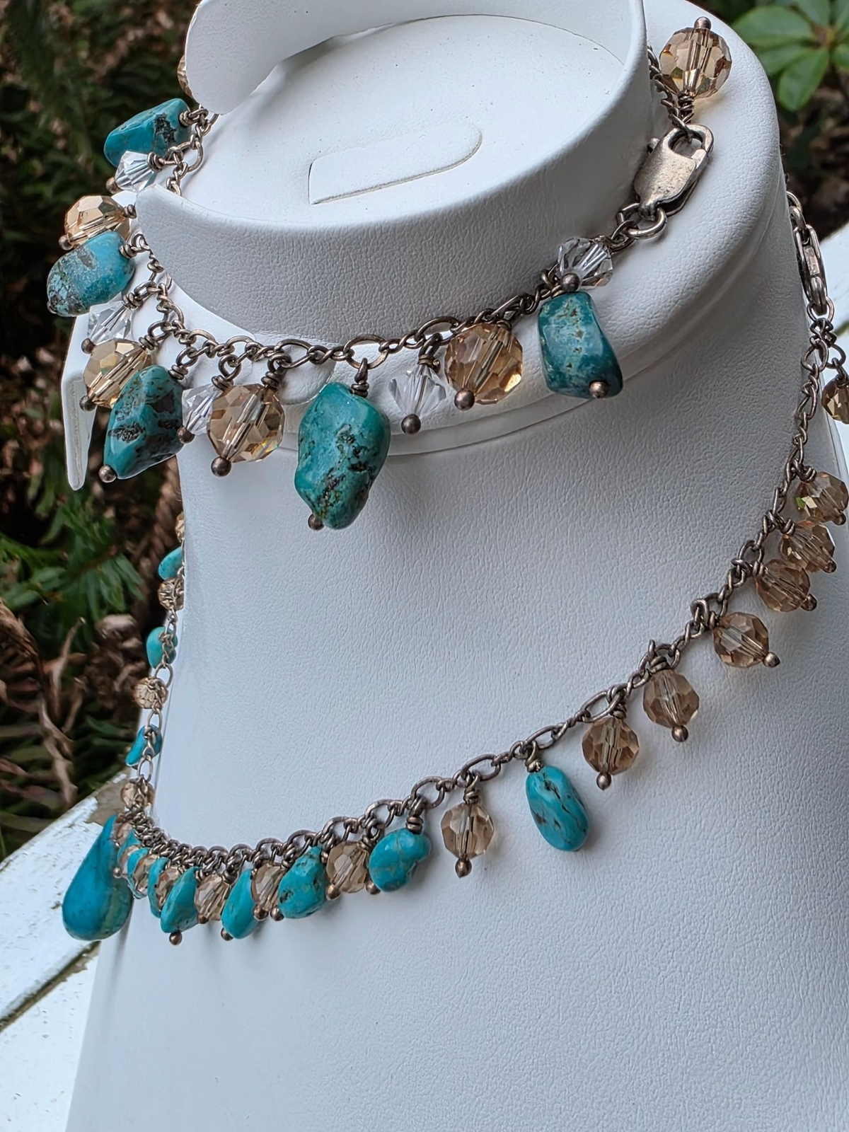 925 Sterling Silver Turquoise & Swarovski Crystal Necklace Bracelet Set - View 3
