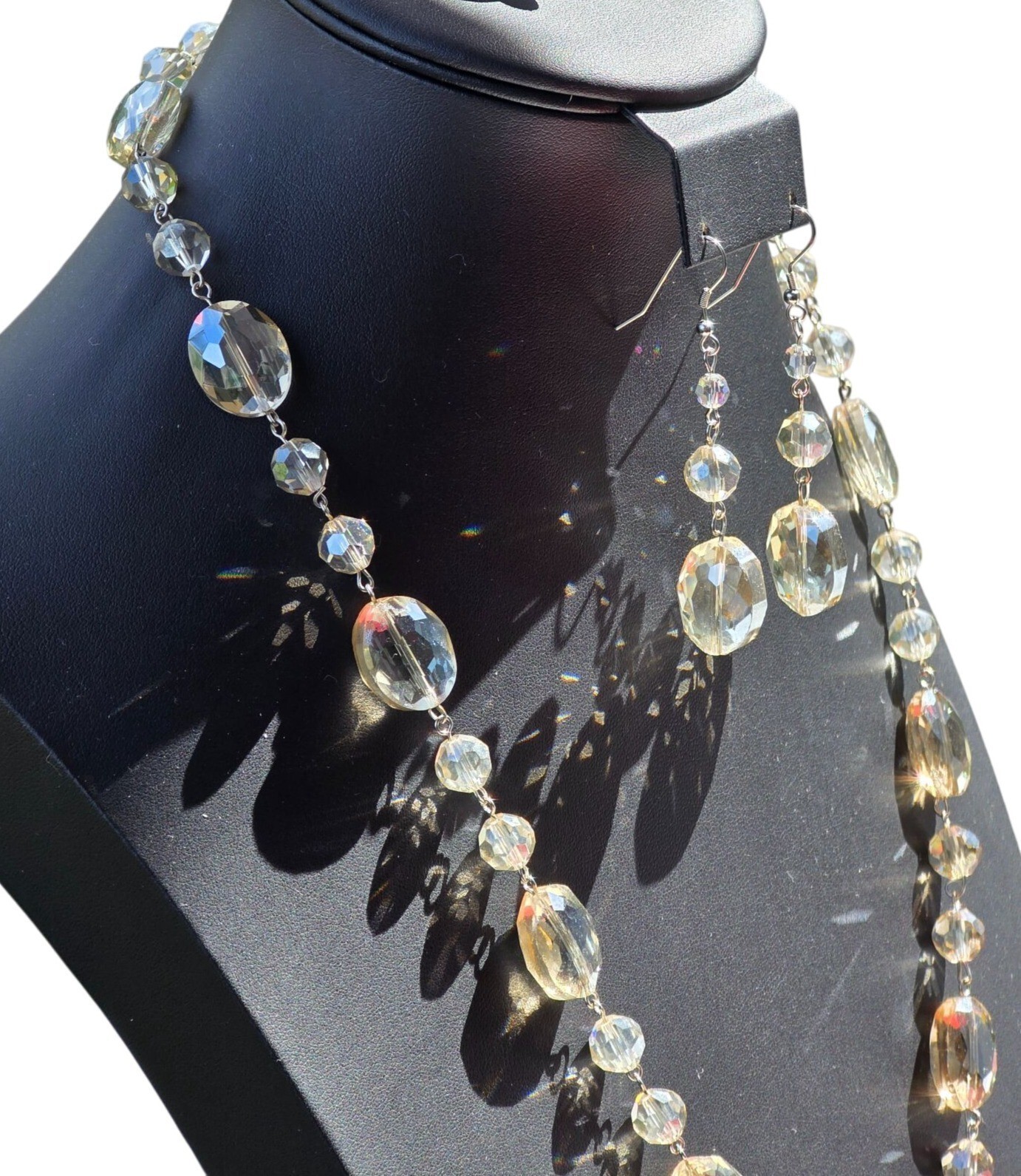 Art Deco Czech AB Crystal Bead Necklace & Earrings Set Flapper Statement