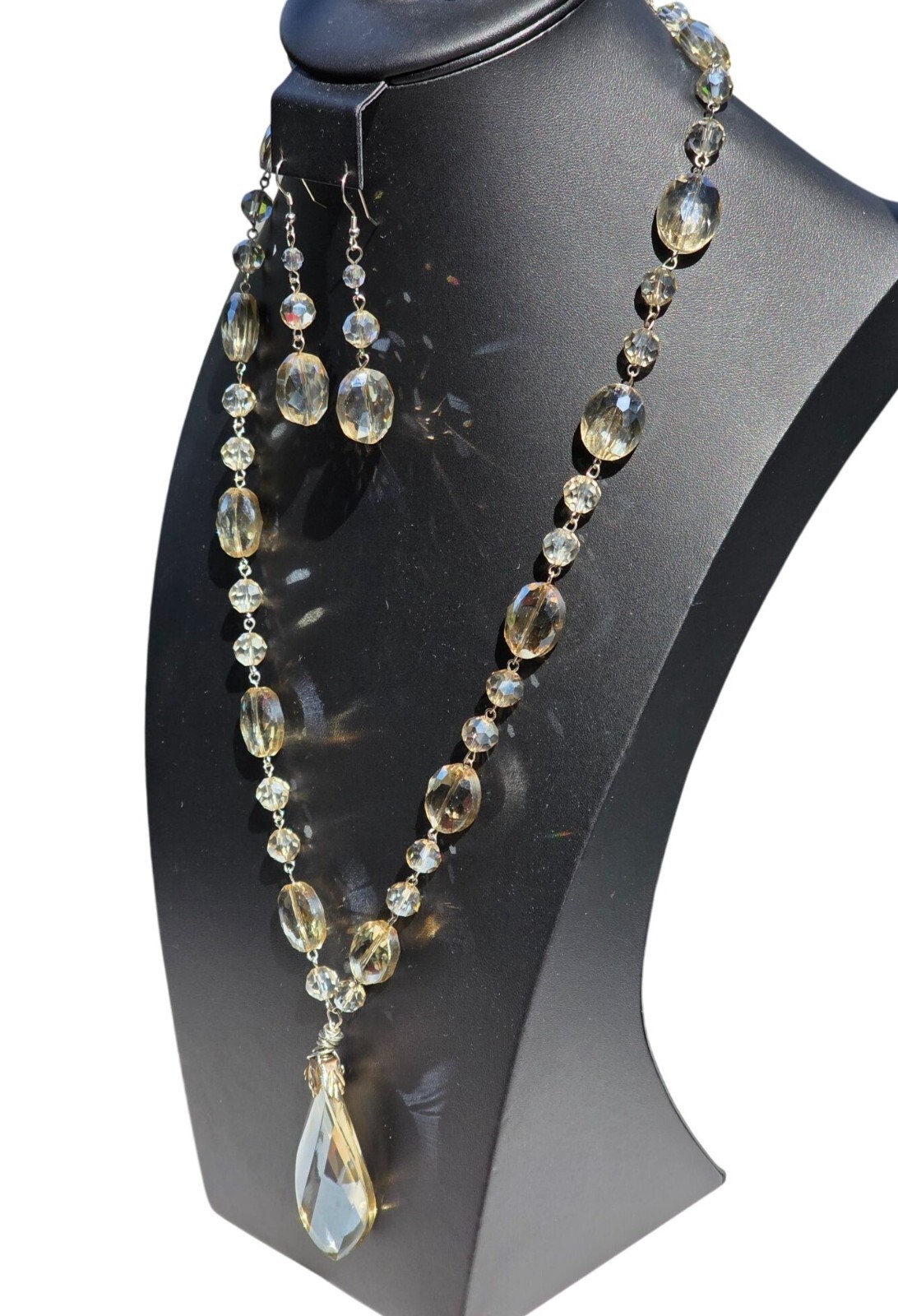 Art Deco Czech AB Crystal Bead Necklace & Earrings Set Flapper Statement - View 6
