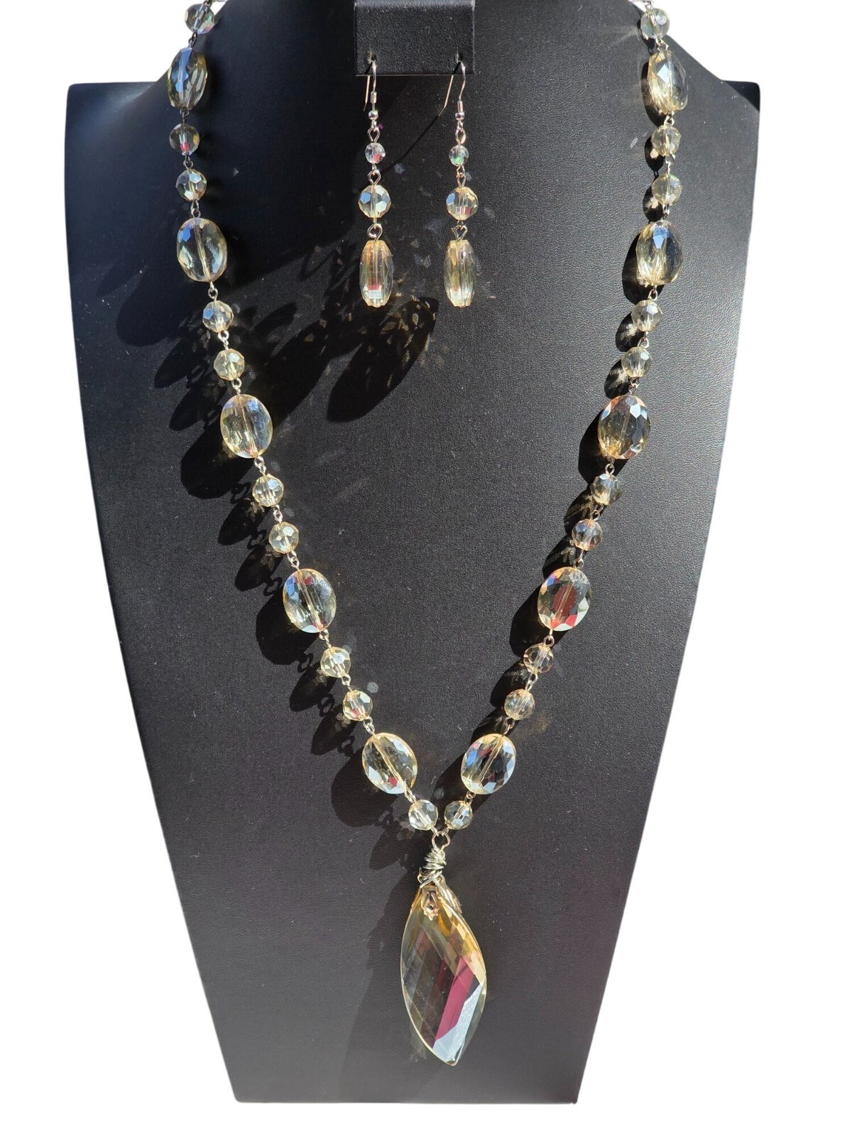 Art Deco Czech AB Crystal Bead Necklace & Earrings Set Flapper Statement - View 9