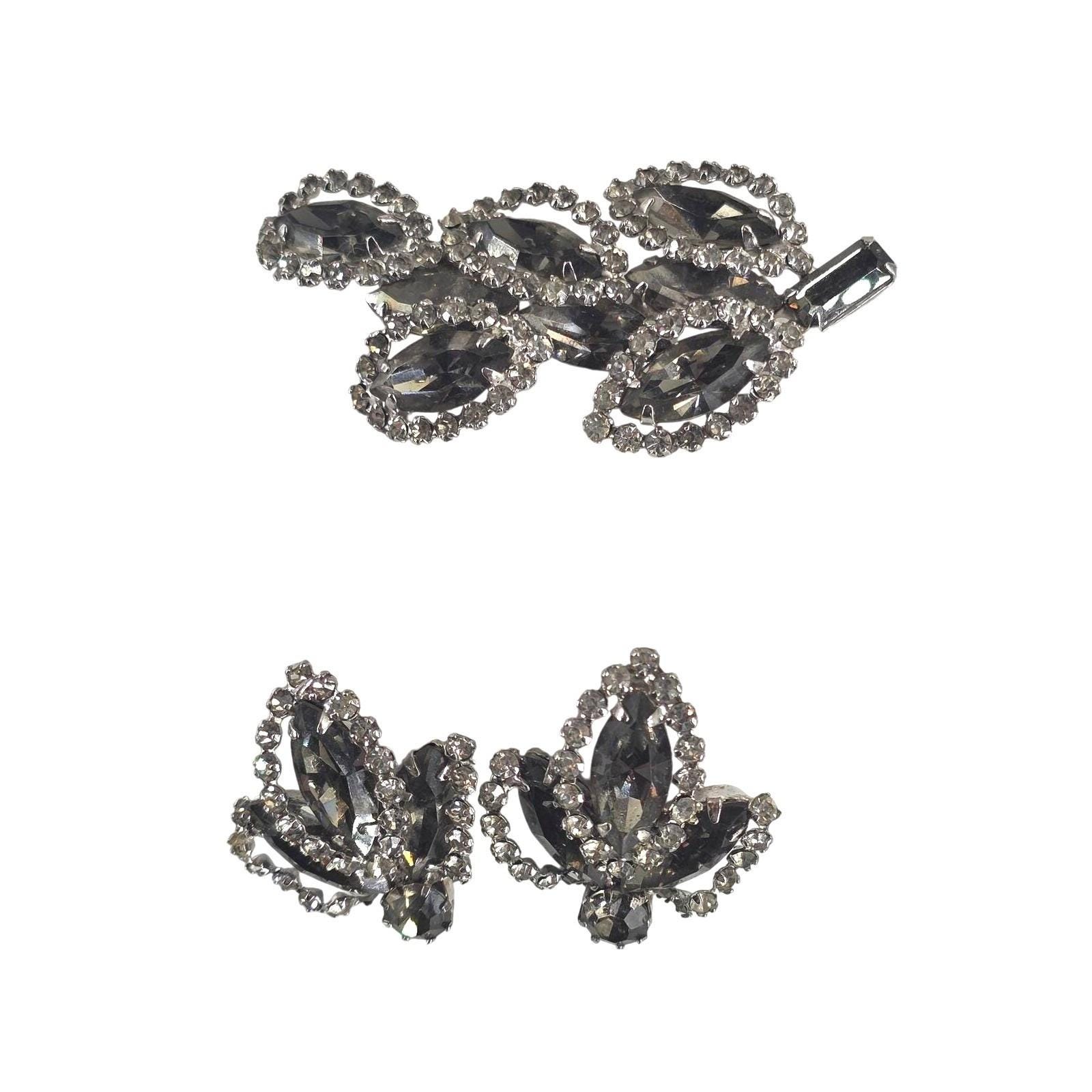 Albert Weiss Vintage Rhinestone Brooch & Clip Earring Set Silver-Tone