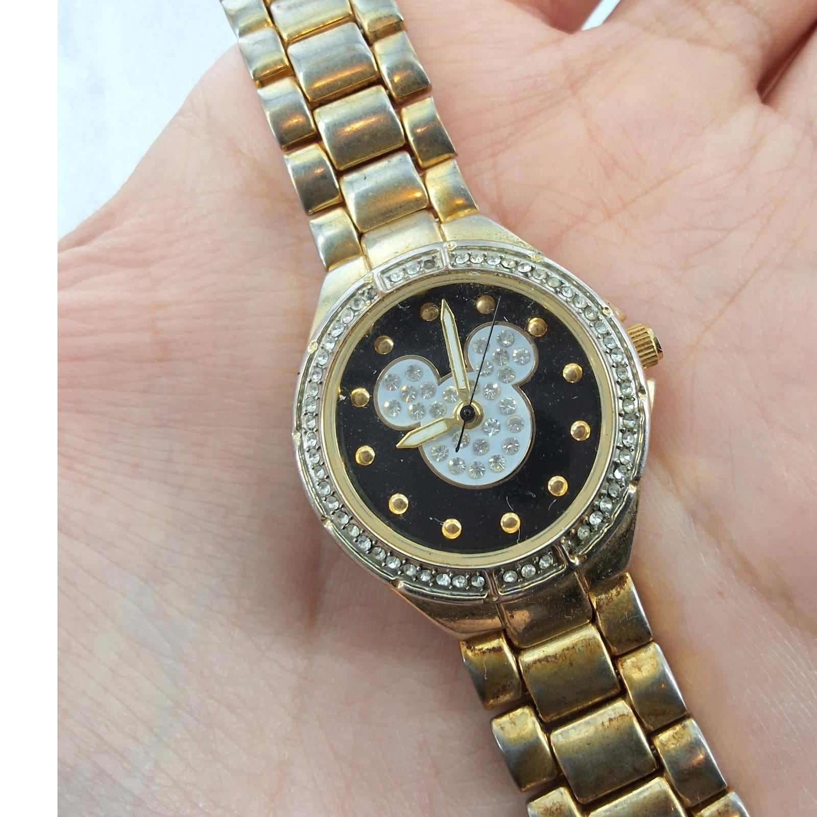 Disney Mickey Mouse Crystal Bezel Gold Tone Link Bracelet Watch MCK650
