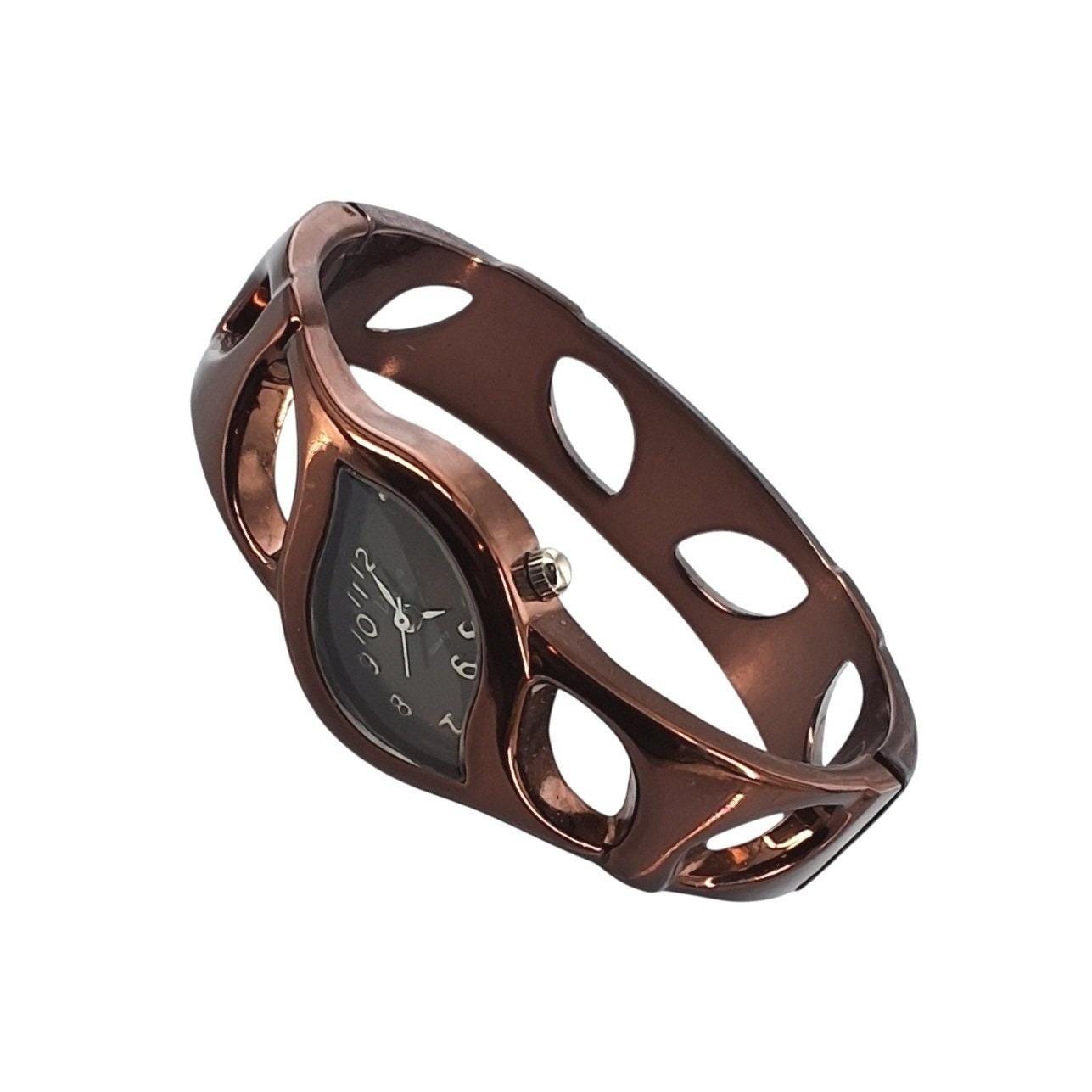 Vivani Womens Bronze Brown Cuff Bangle Watch Asymmetrical Cutout Quartz Analog