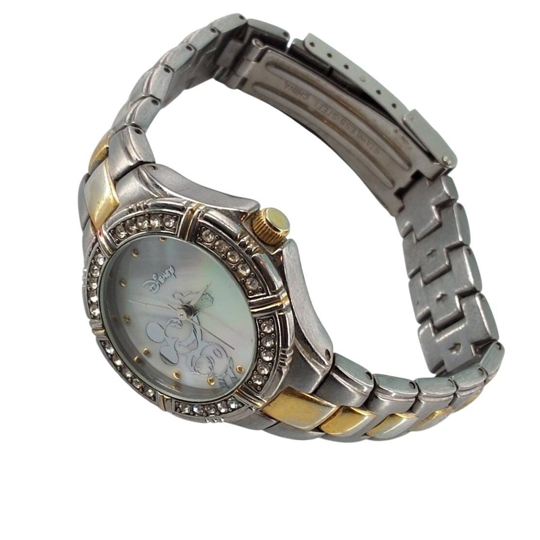Disney Mickey Mouse Watch Womens Two Tone Crystal Bezel MOP Dial MU2403