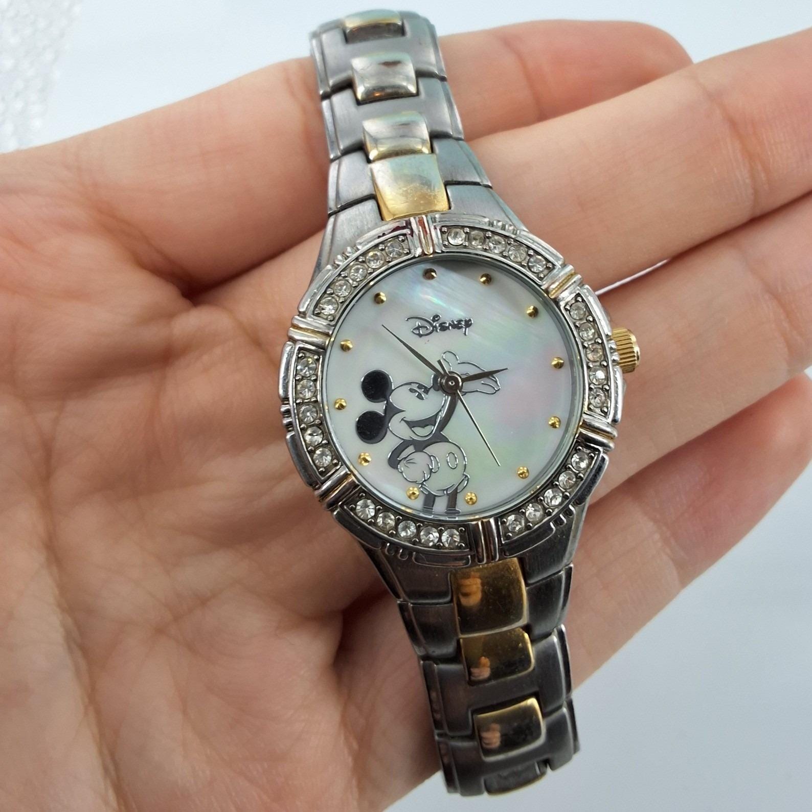 Disney Mickey Mouse Watch Womens Two Tone Crystal Bezel MOP Dial MU2403