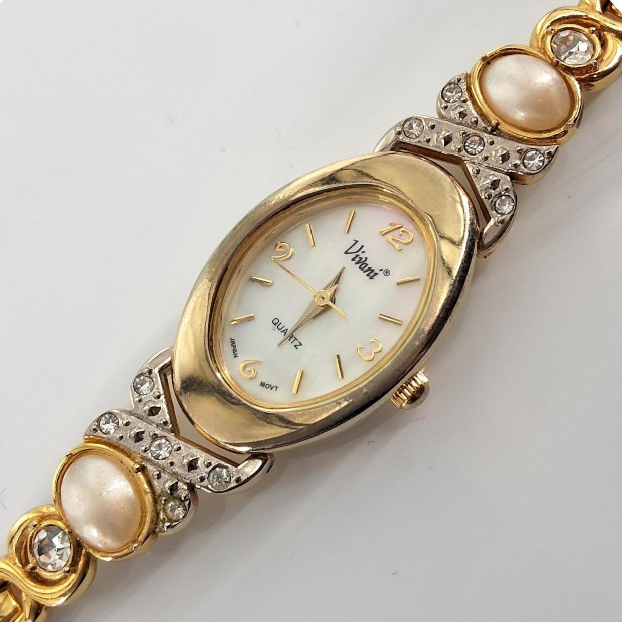 Vivani Gold Tone Oval Dress Watch Pearl Rhinestone Accents Japan Movt