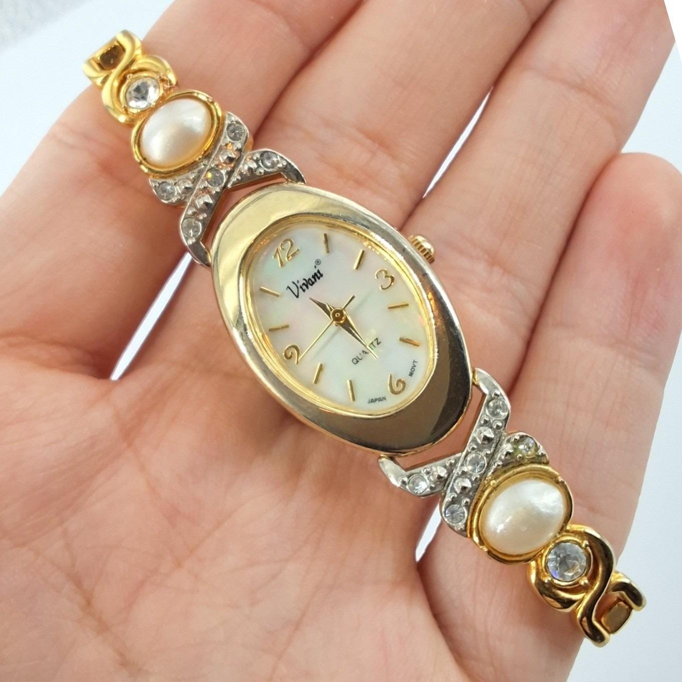 Vivani Gold Tone Oval Dress Watch Pearl Rhinestone Accents Japan Movt - View 3