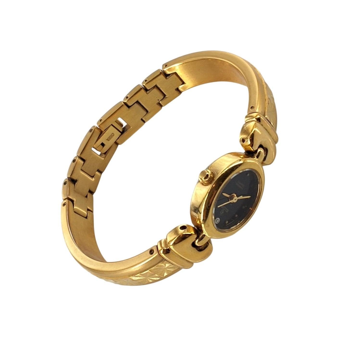 Vintage Elgin Gold Tone Oval Black Dial Diamond Accent Bangle Watch