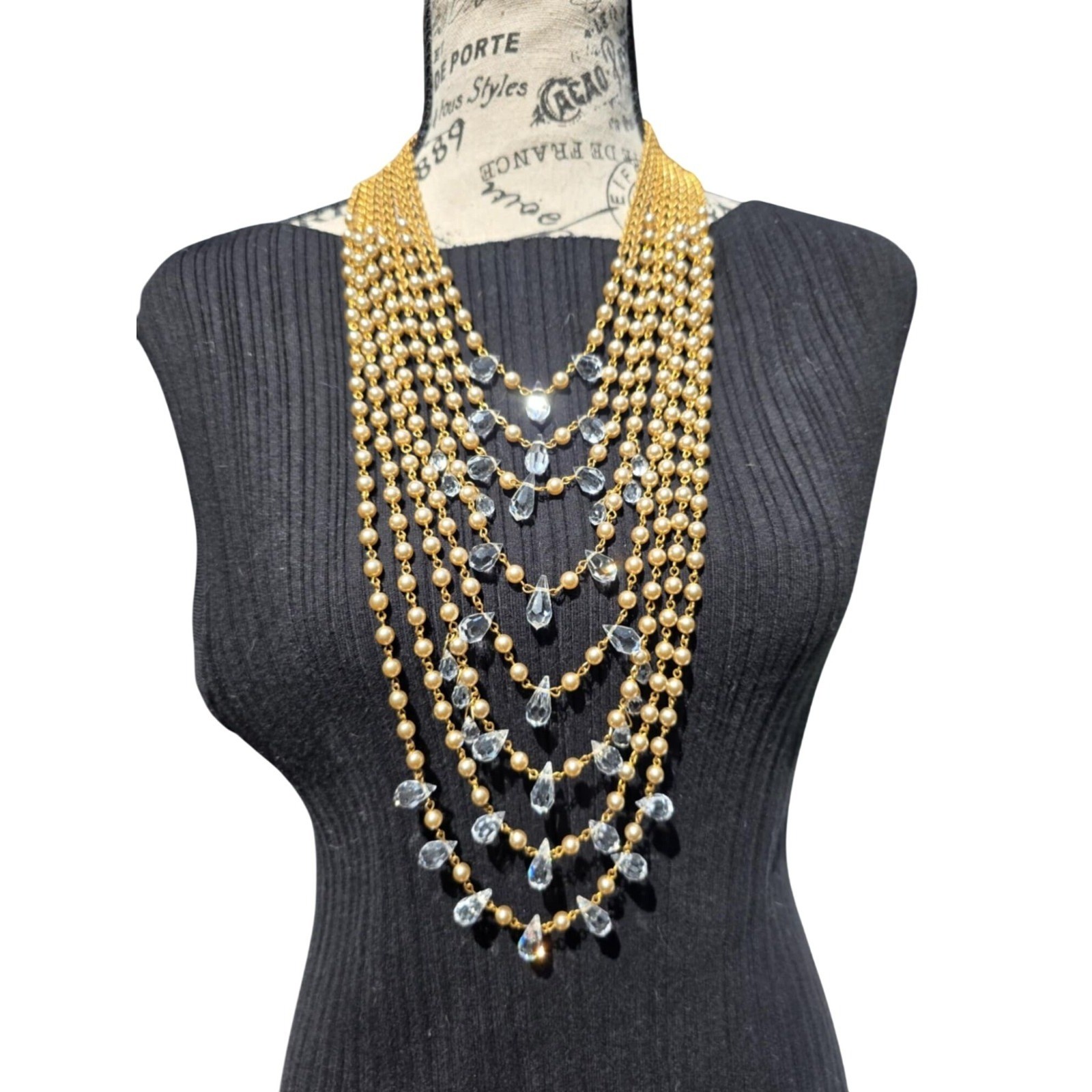 Miriam Haskell 8-Strand Pearl & Crystal Runway Statement Necklace Gold