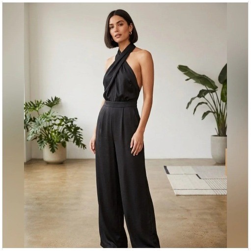 Do+Be Black Cross Halter Satin Wide Leg Jumpsuit Size S New With Tags