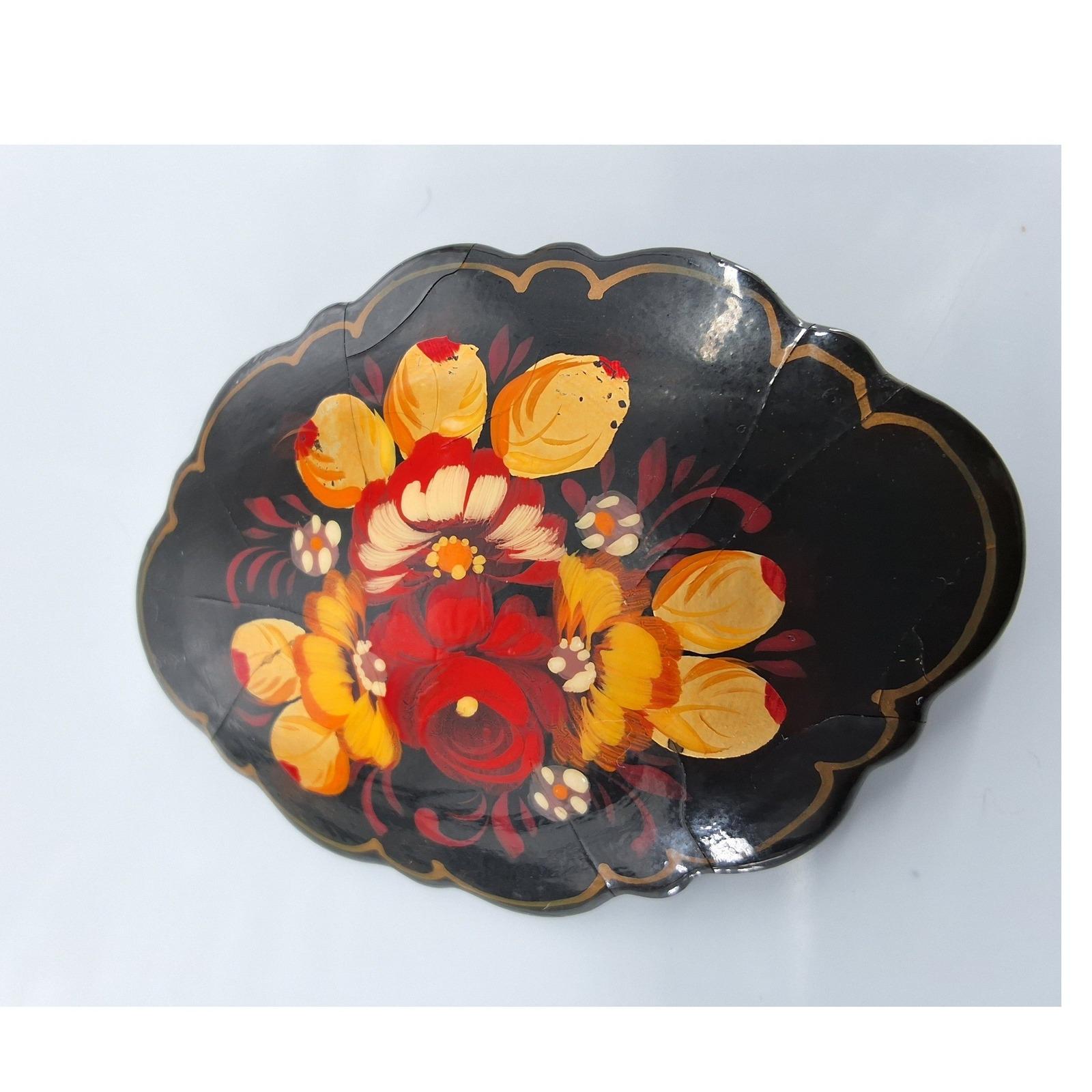 Vintage Russian Lacquer Brooch Hand Painted Floral Zhostovo Signed Black Pin - View 5