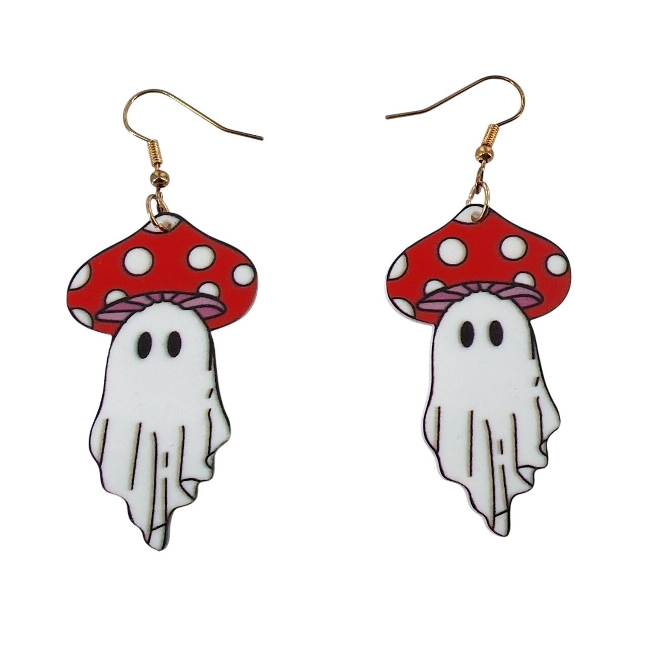 Ghost Mushroom Drop Earrings Red Polka Dot Fungi Spooky Halloween Cottagecore