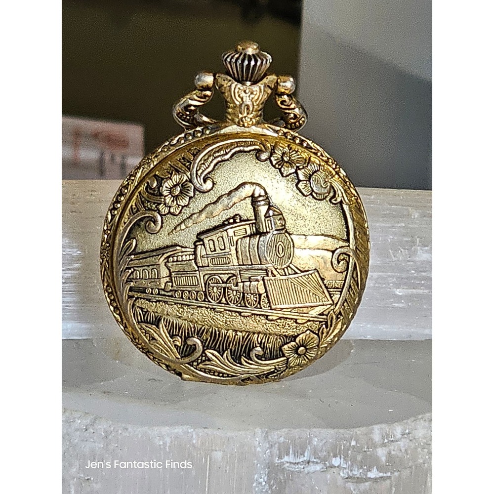 Milan Locomotive Pocket Watch Antique Gold Steam Punk Necklace Chain 52g