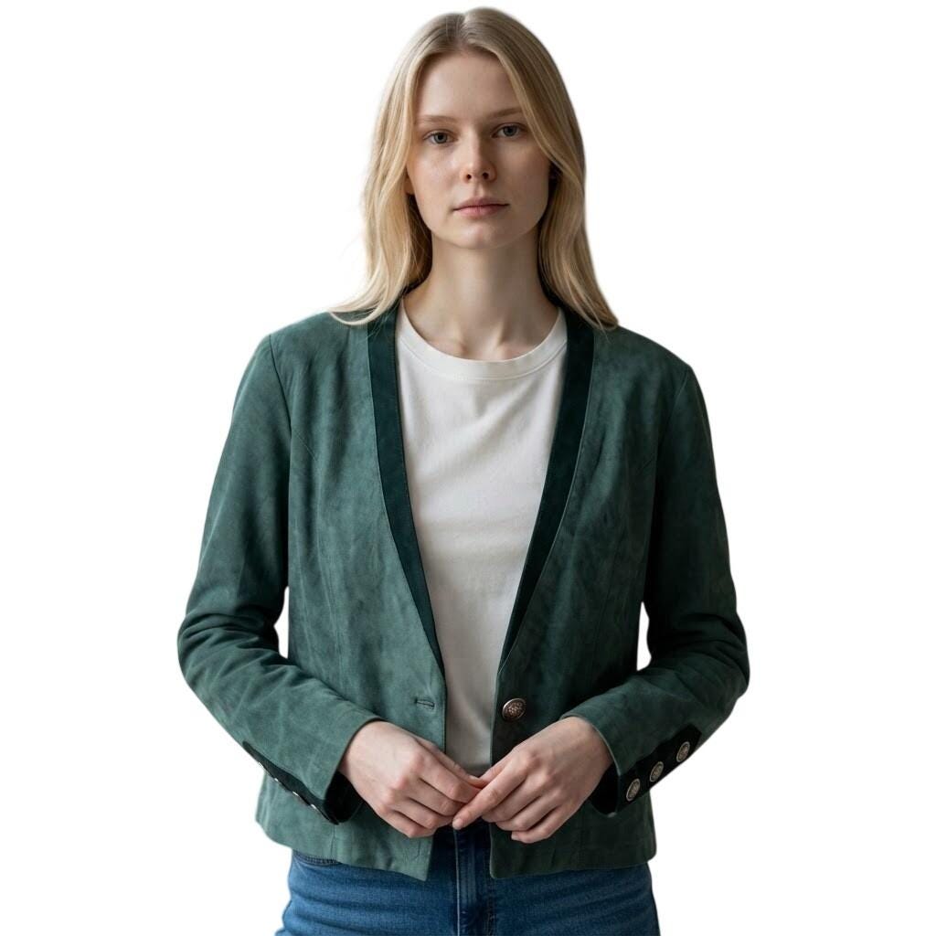 Apart Vintage Green Suede Leather Cropped Blazer Jacket Size 10