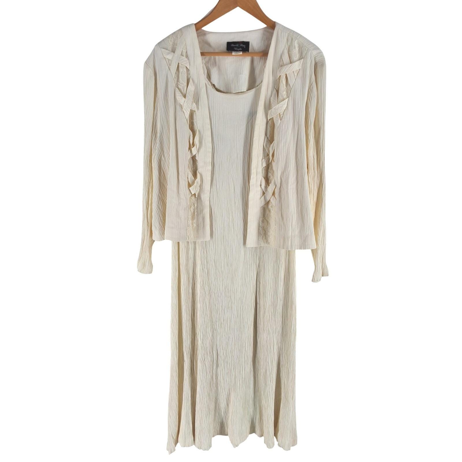 Vtg 90s David Rose Night Dress Jacket Set 20W Ivory Lace Crinkle Plus