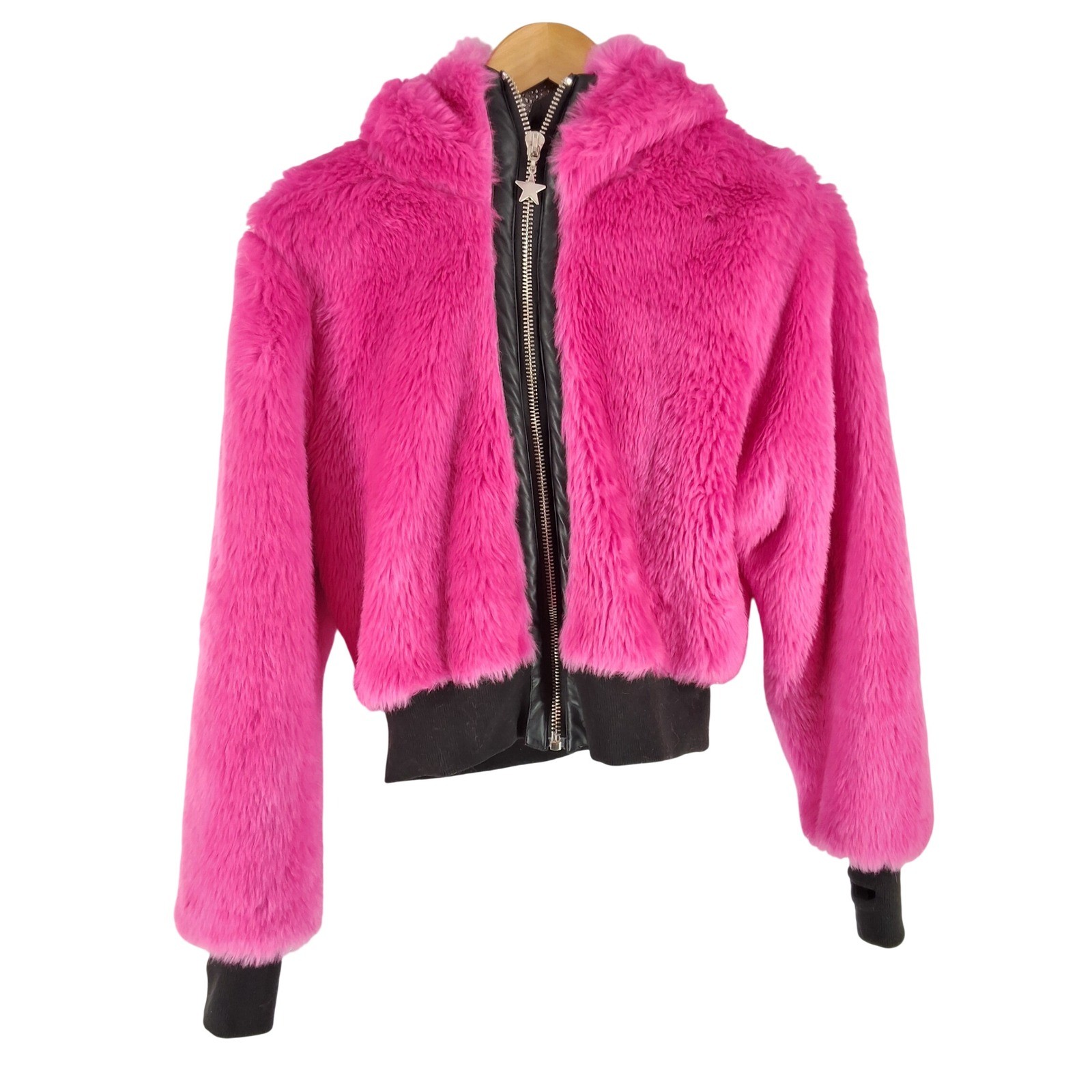Club Exx Dolls Kill Pink Faux Fur Hooded Cropped Bomber Jacket XS