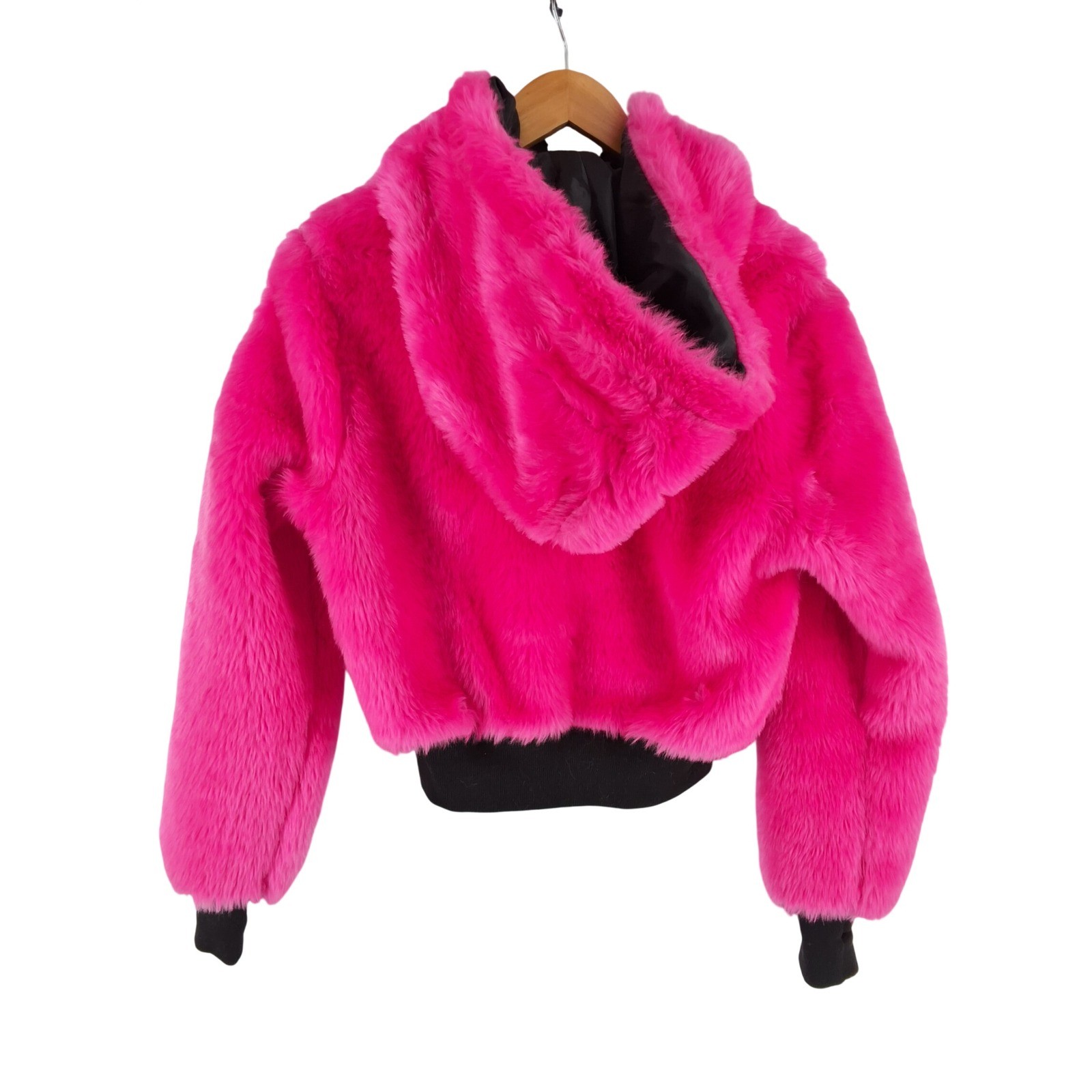 Club Exx Dolls Kill Pink Faux Fur Hooded Cropped Bomber Jacket XS - View 3