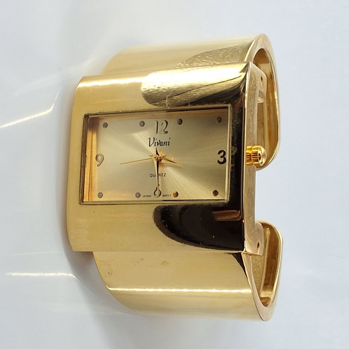 Vivani Gold Tone Chunky Wide Cuff Bracelet Watch Rectangle Dial Y2K