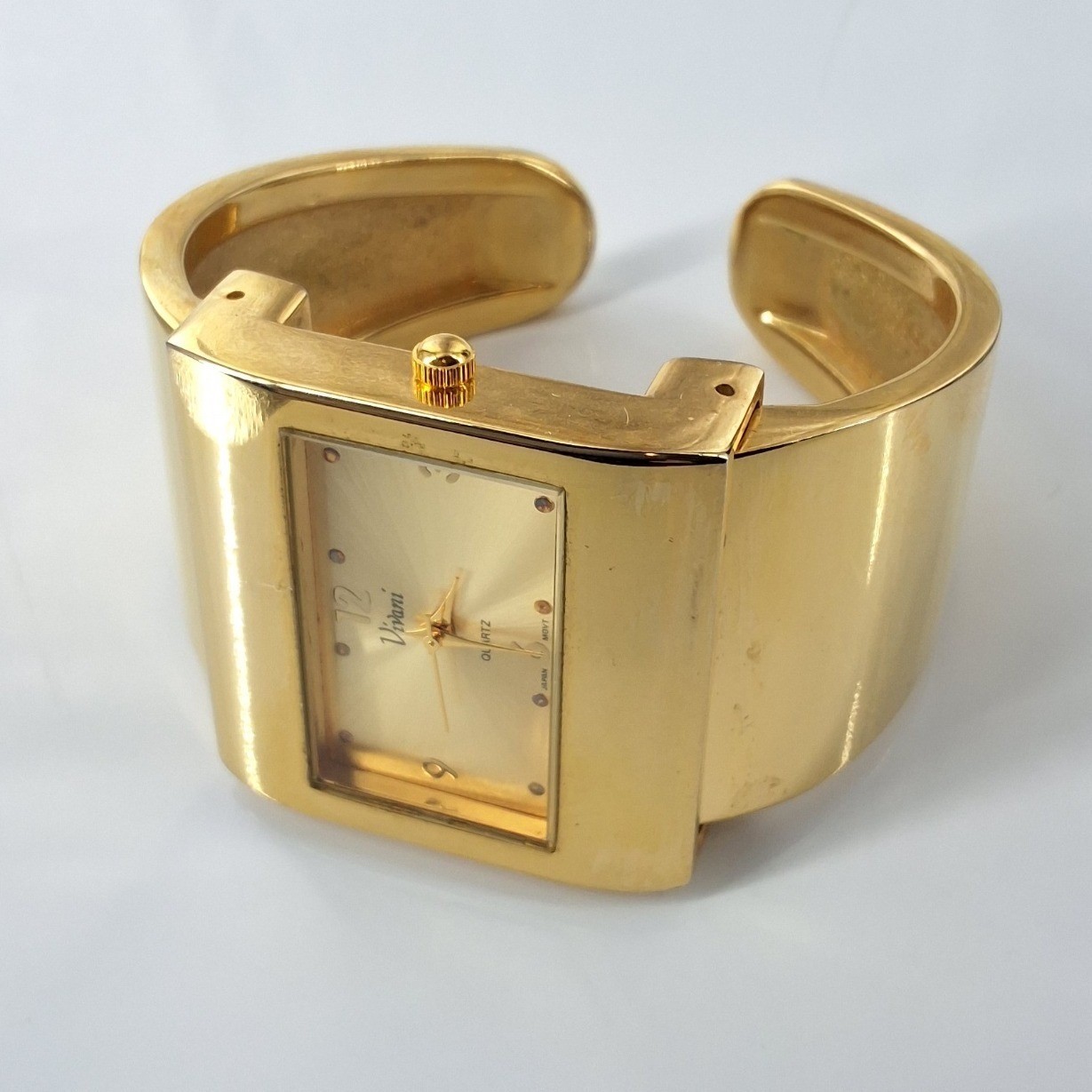 Vivani Gold Tone Chunky Wide Cuff Bracelet Watch Rectangle Dial Y2K - View 4