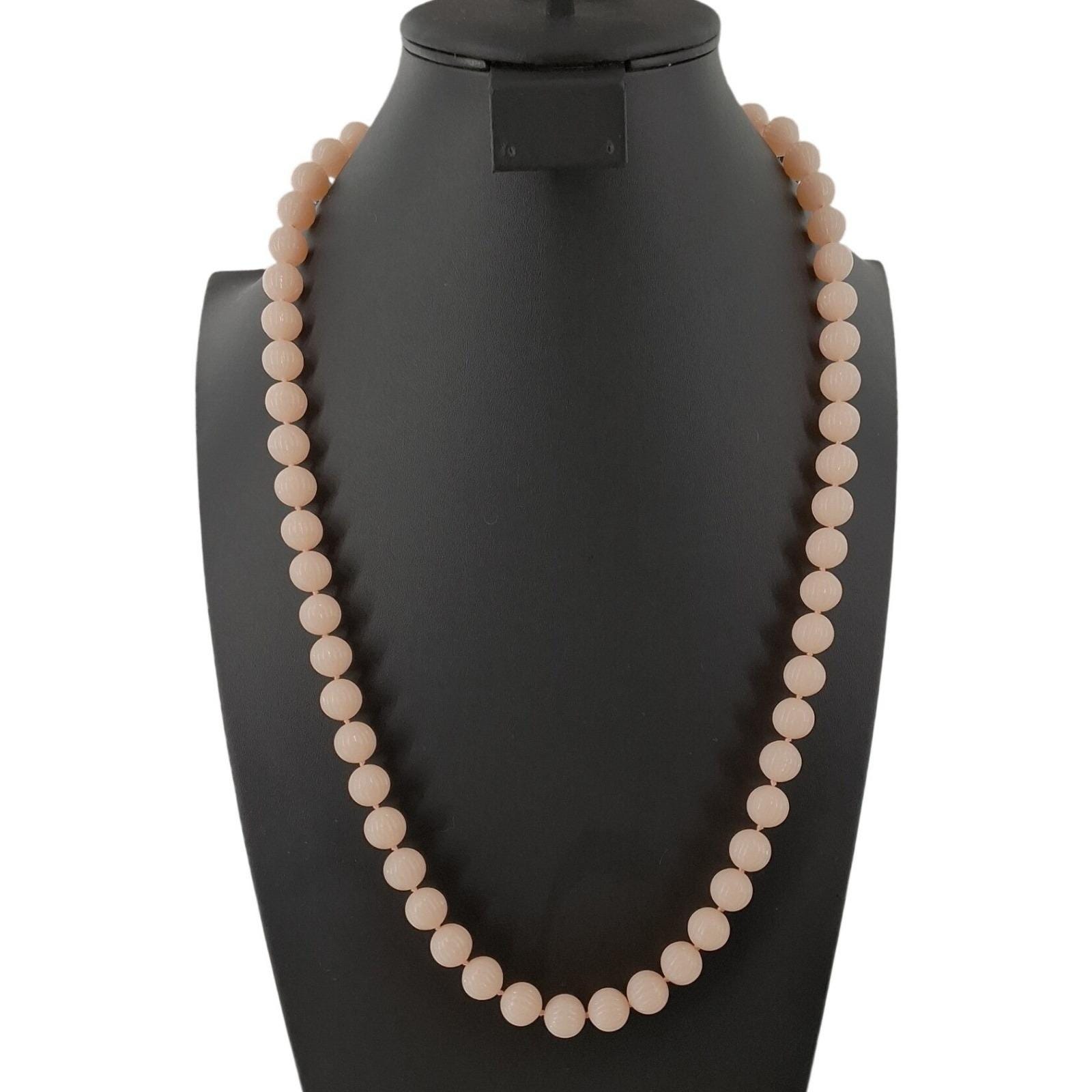 Vintage Trifari Peach Pink Fluted Melon Bead Necklace Gold Tone Spring Ring 28" - View 3
