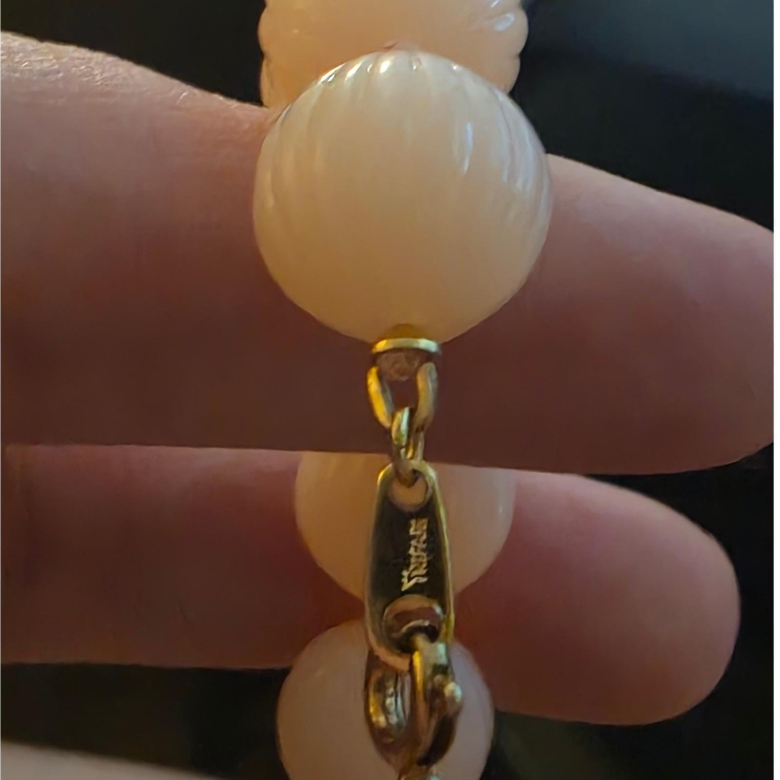 Vintage Trifari Peach Pink Fluted Melon Bead Necklace Gold Tone Spring Ring 28" - View 7