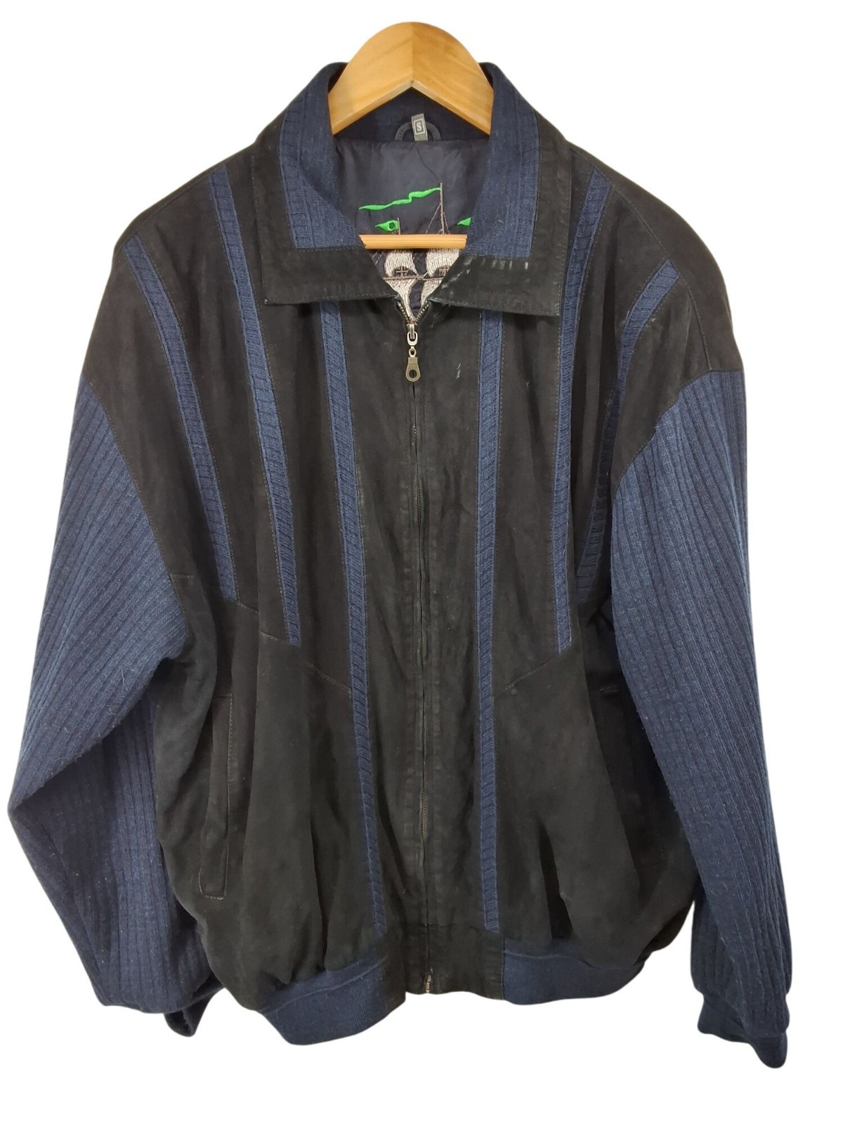 Vintage Suede Two-Tone Bomber Jacket Embroidered Ship Small Men