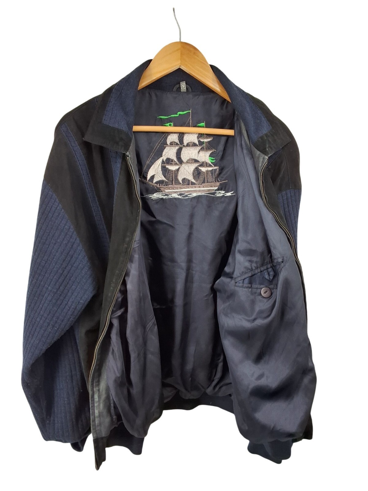 Vintage Suede Two-Tone Bomber Jacket Embroidered Ship Small Men