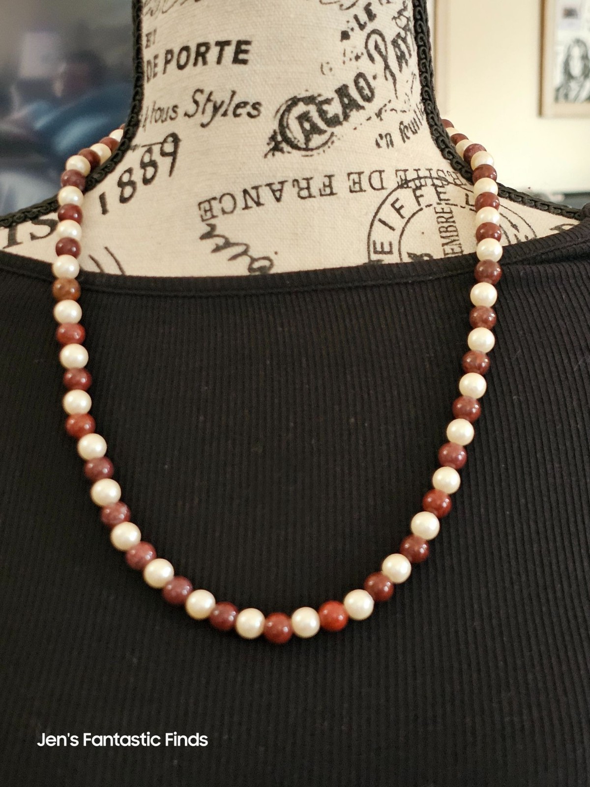 Vintage Pearl & Red Ocean Jasper Beaded Necklace 24 Inches Gold Clasp